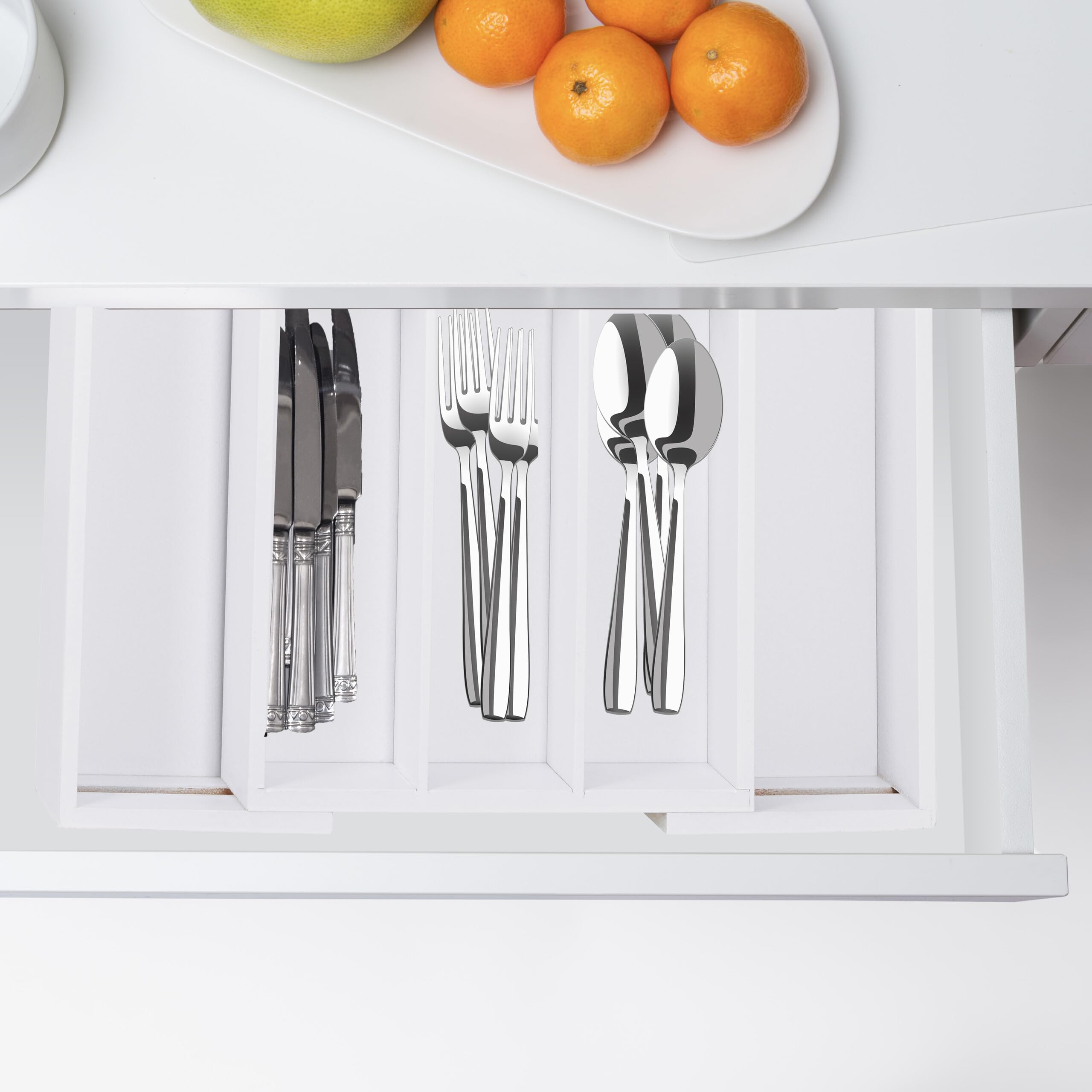 Relaxdays Cubertero Cajón Extensible, Largo Variable, 5-7 Compartimentos, Organizador Cubiertos Bambú, 5x48x46cm, Blanco