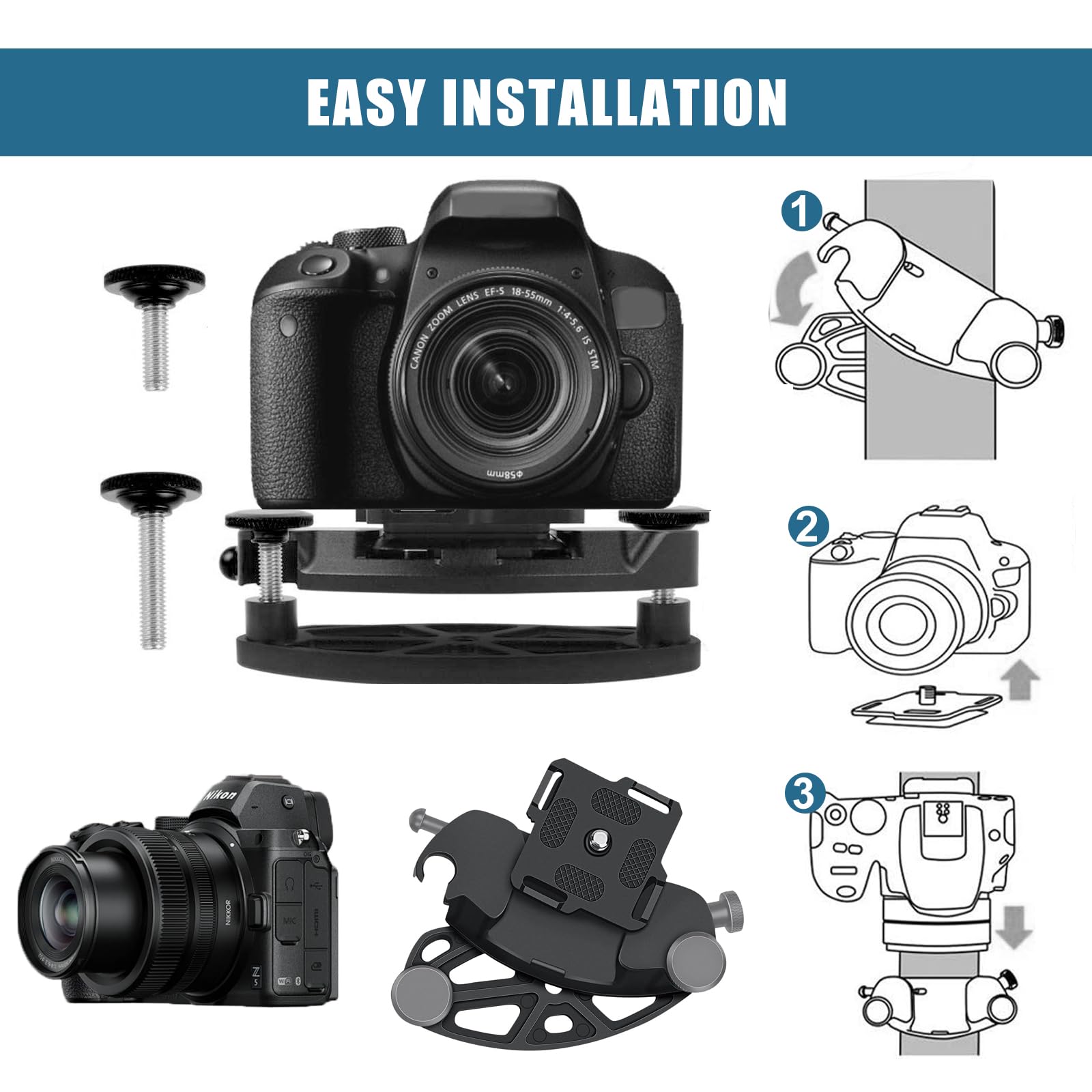 Clip da Cintura per Fotocamera e Zaino Clip in Lega di Alluminio a Sgancio Rapido Con piastra a sgancio rapido per Fotocamera Supporto 1/4 viti per Cintura e Zaino.