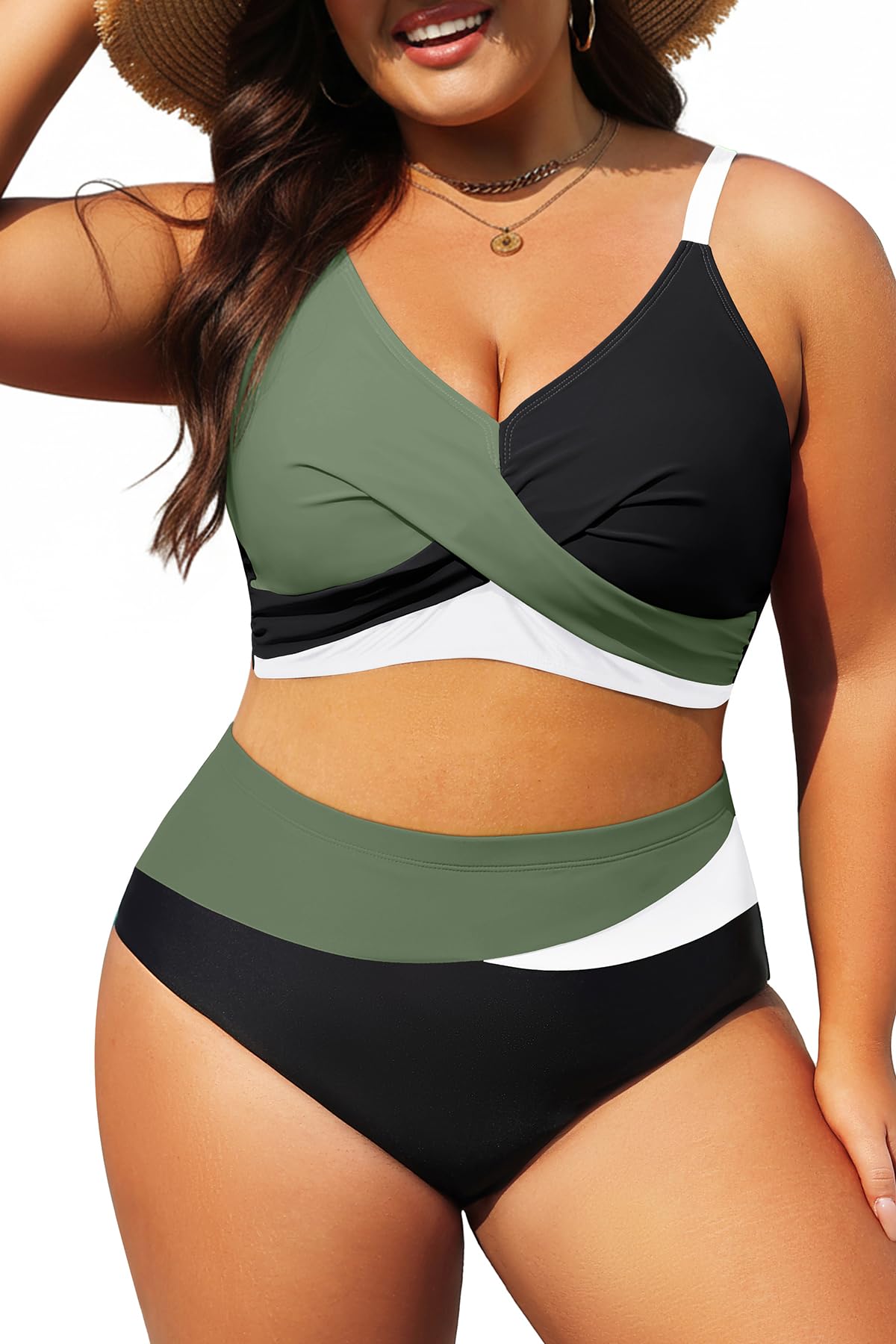Photo 1 of Tempt Me Plus Size Two Piece Swimsuit - Green White Black Women High Waisted Bikini Set Tummy Control Bathing Suits 16 Plus