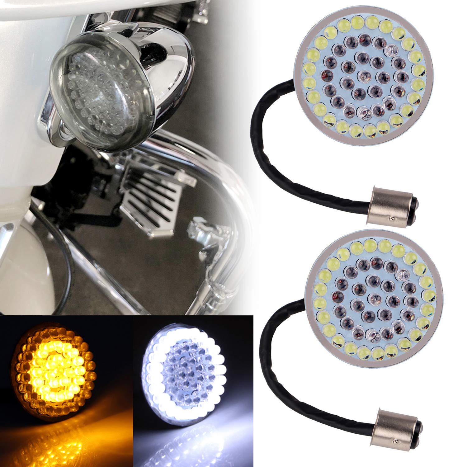 XMMT Pair 2 Inch Bullet 1157 LED White/Amber Ring Turn Signal Inserts Bulb for Harley Softail Dyna Sportster Touring,48-LED