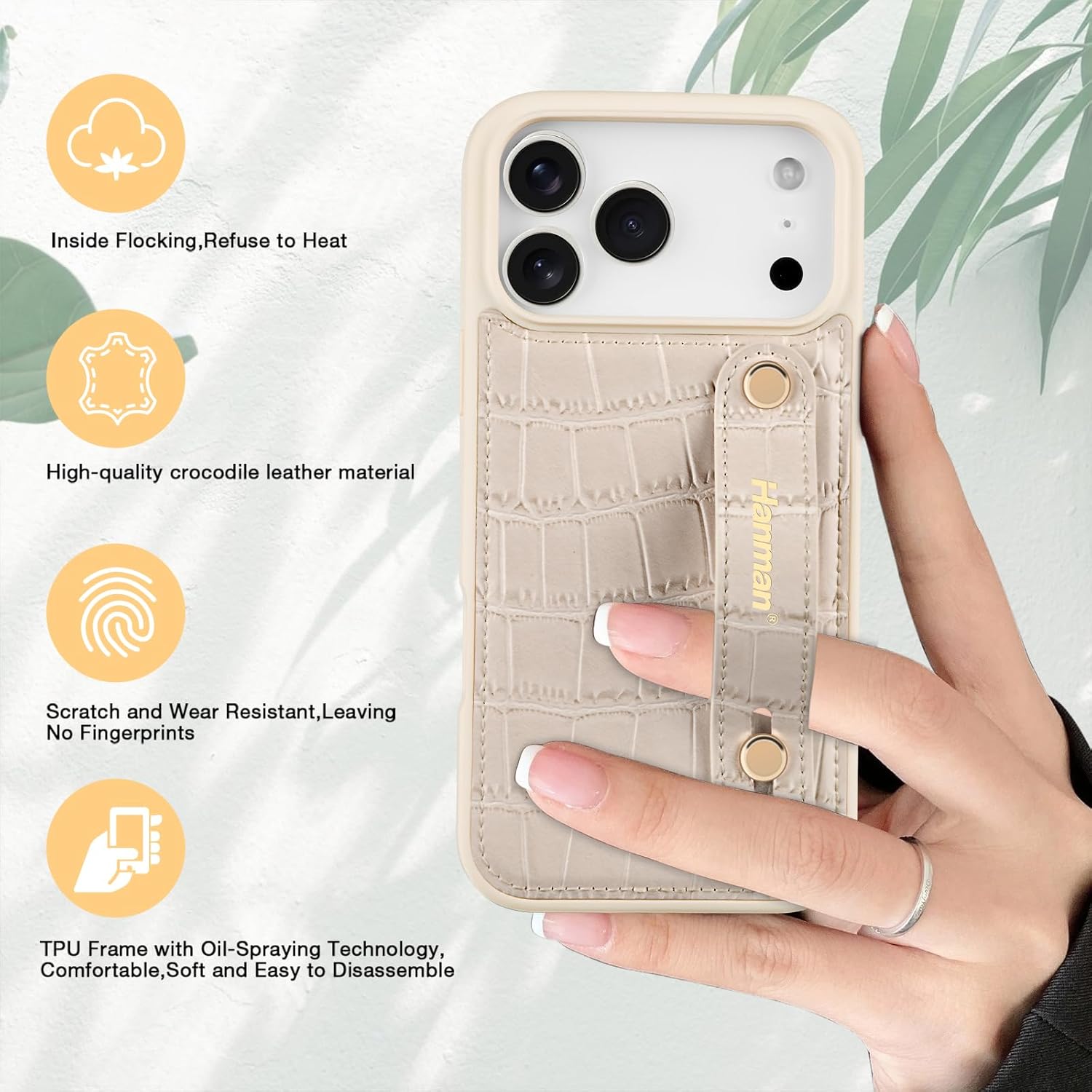 Hanman for iPhone 17 Pro Max Leather Case with Adjustable Wristband Strap Kickstand,Hand Strap Leather Case for iPhone 17 Pro Max,Crocodile Pattern HandStrap Kickstand Cover-Beige - Image 3