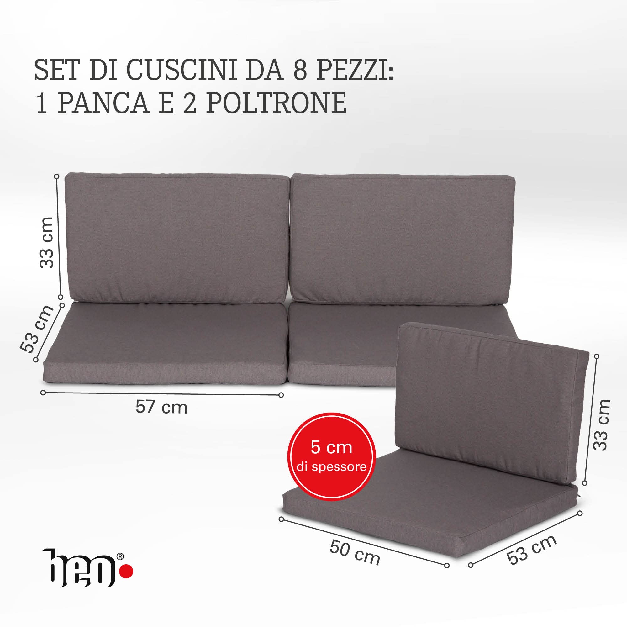 Beo Lounge Set Monaco | Cuscini da esterno traspiranti | Cuscini da giardino con cerniera | Adatto ai mobili lounge Allibert | 4 Cuscino di seduta e 4 cuscino di schienale | Cuscinoni grigio