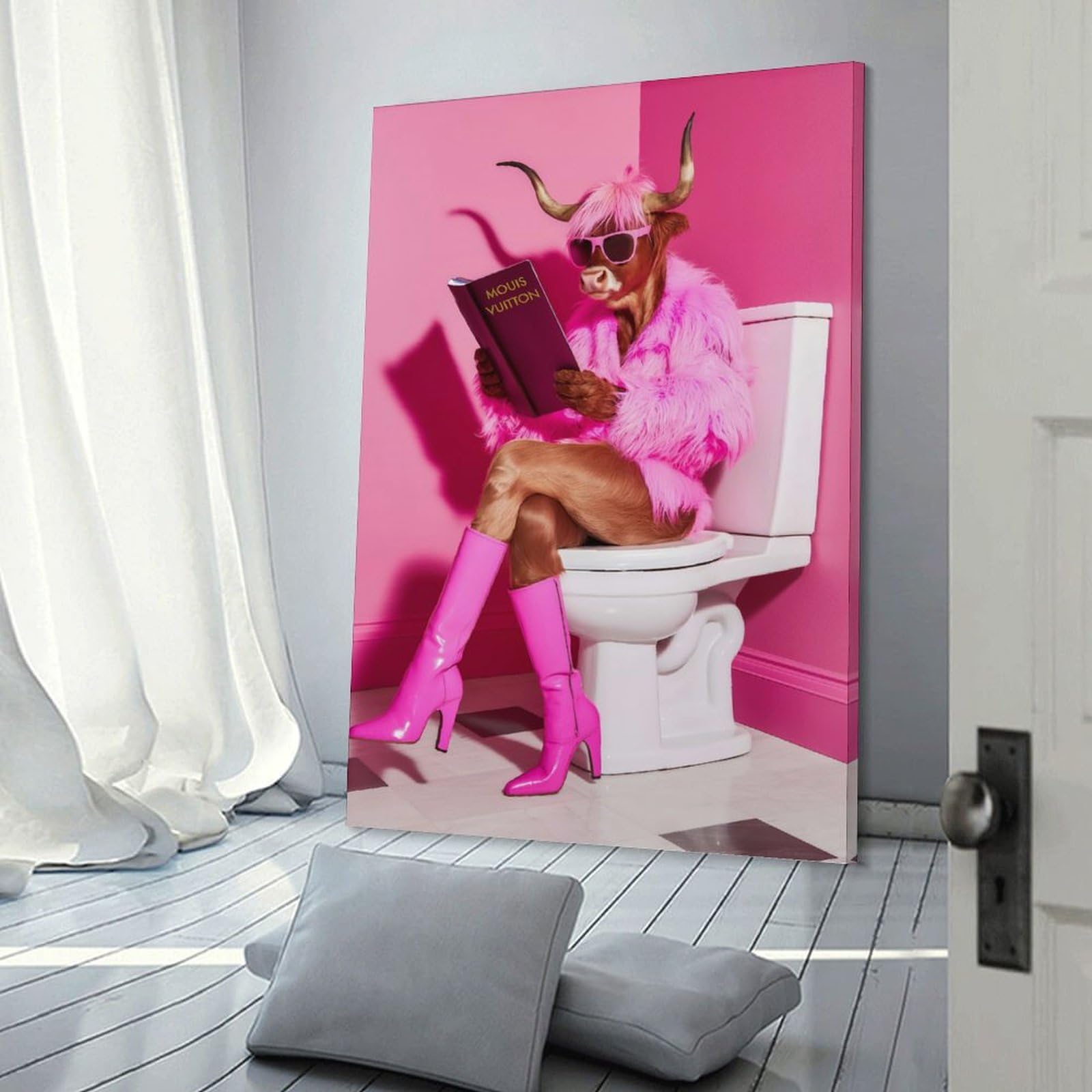 Junmoney Frame-Style-15 Highland Cow In Bathroom Canvas Wall Decor, 16X24inch(40X60cm), For Wall Displays, Bedrooms Or Room Updates, Wall Decor Suited To Curated Displays