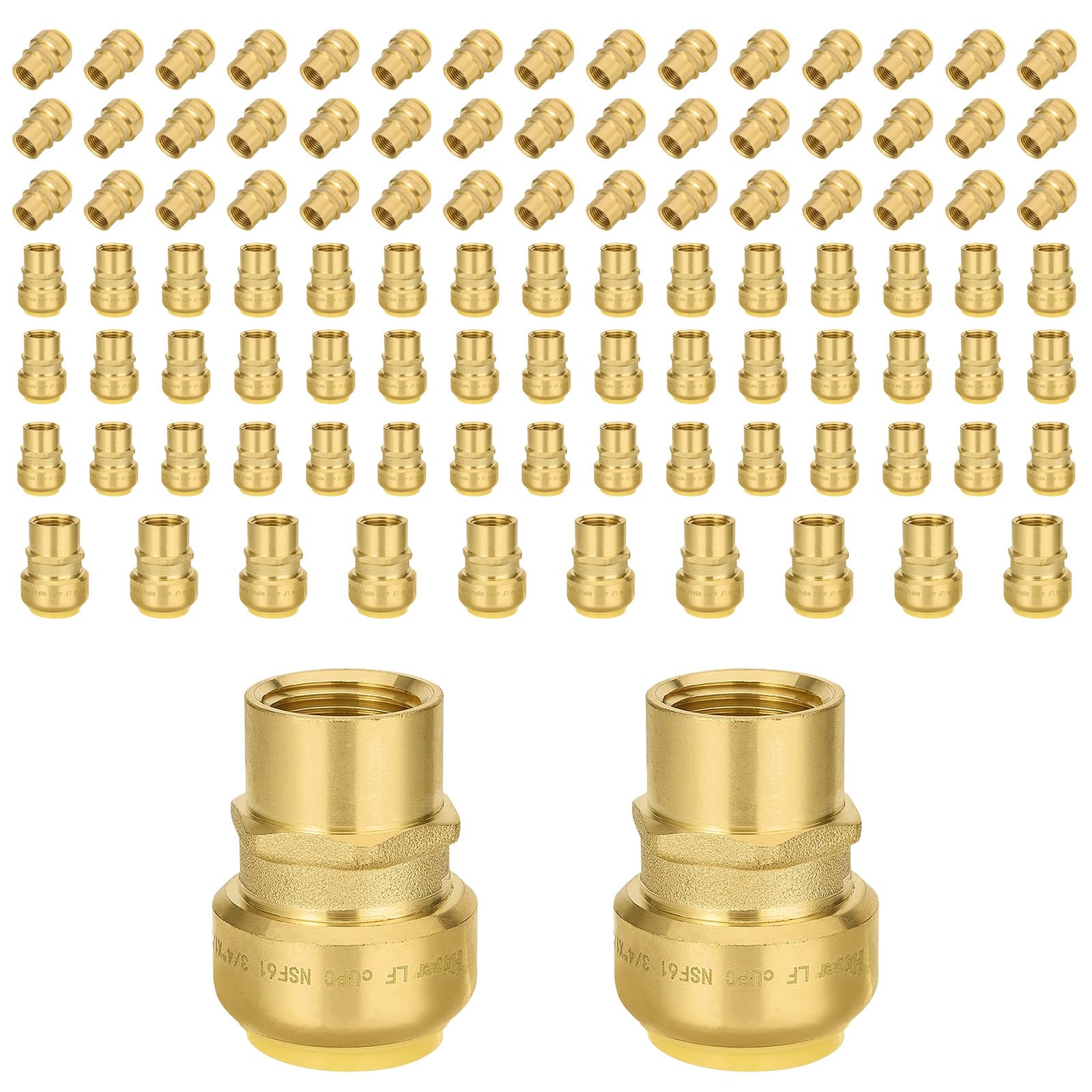 100 szt. złączek mosiężnych Foskan 3/4" Push-to-connect x 1/2" z gwintem wewnętrznym, do łączenia rur PEX, miedzianych, C, PE-RT, z zaciskiem rozłączającym do napraw hydraulicznych (PTC x FNPT)
