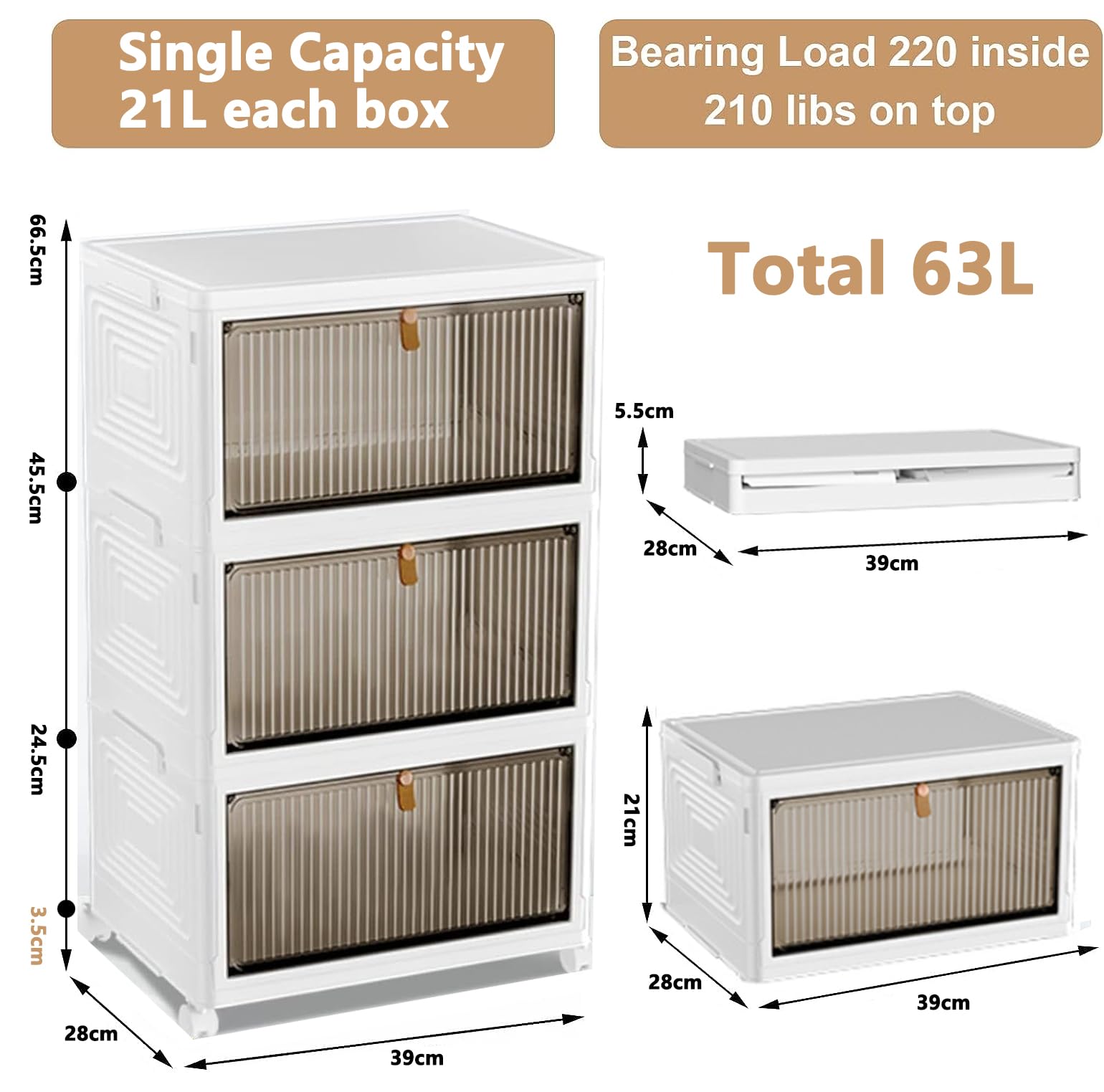 Contenedores de Plástico con Tapa Caja Plegable Plastico Paquete de 3 Contenedores de almacenamiento Caja de Almacenamiento Multifuncional para dormitorio sala de estar armario baño cocina estudio