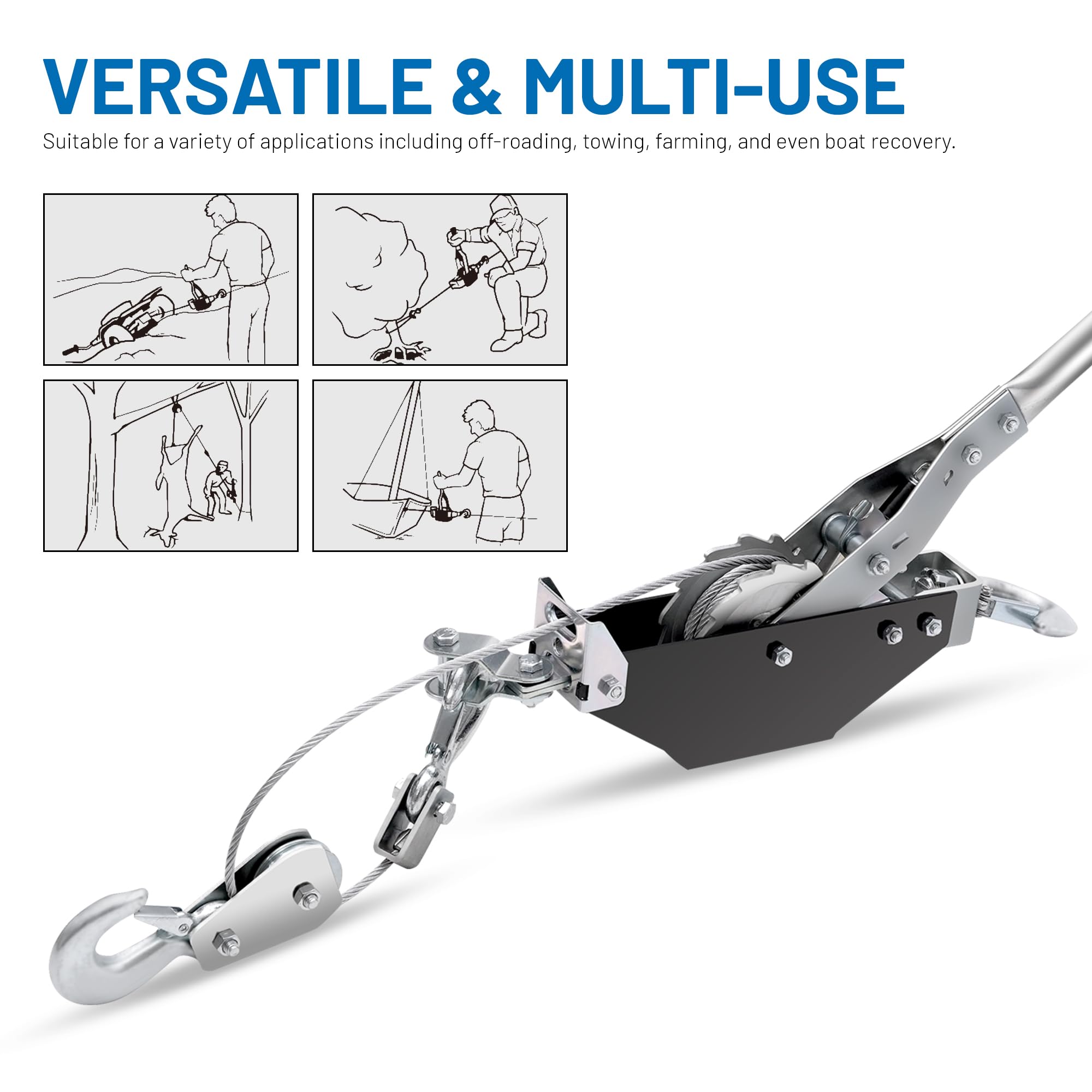 POLESTAR Come Along Seilwinde, 1360 kg Zugkapazität, 3,6 m Stahlseil-Handwinde mit 2 Haken, robuste Doppel-Ratschen-Kabelwinde Abzieher, Automobil-Abschlepphebe-Abzieher für Bergung, Umzug, Sichern