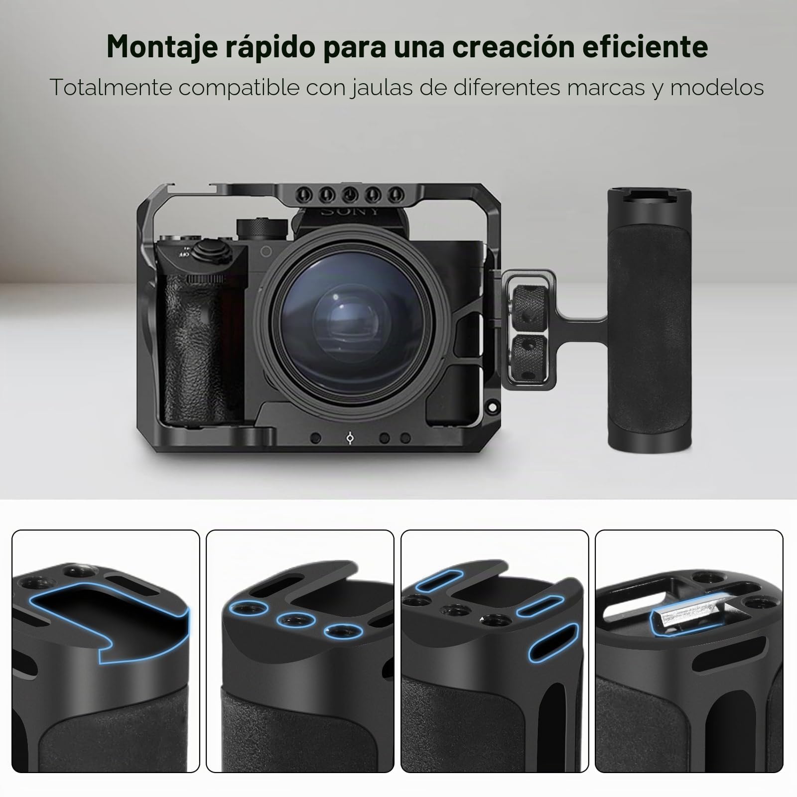 Empuñadura Ajustable hacia Arriba y hacia Abajo, Izquierda/Derecha, Mini empuñadura Lateral con Interfaz para Zapata fría y Montaje con Tornillo de 1/4"-20 para Jaula de cámara DSLR/Digital.