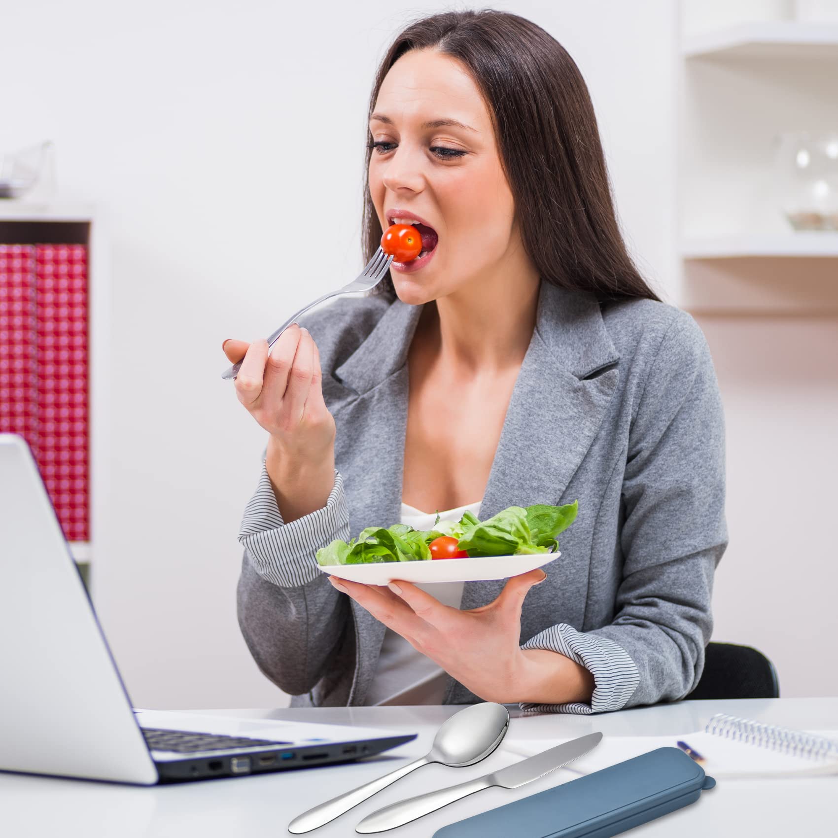 Travel Utensils With Case, Stainless Steel Silverware Set for Lunch Box, Portable Camping Cutlery Fork Spoon Knife, Reusable Utensil Set Flatware for Picnic School, Dishwasher Safe (Blue)