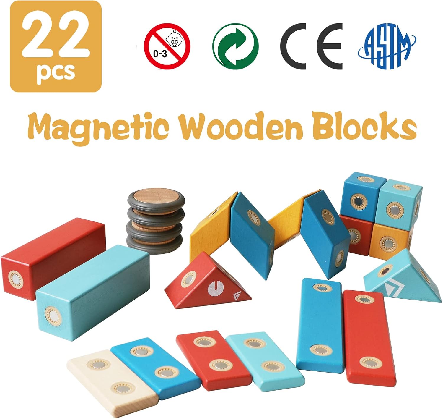 Magnetic Wooden Blocks Set, 22 Pieces STEM Travel Creativity Magnet Block Toys for 3 4 5 Year Old Age Girls Boys - Image 4
