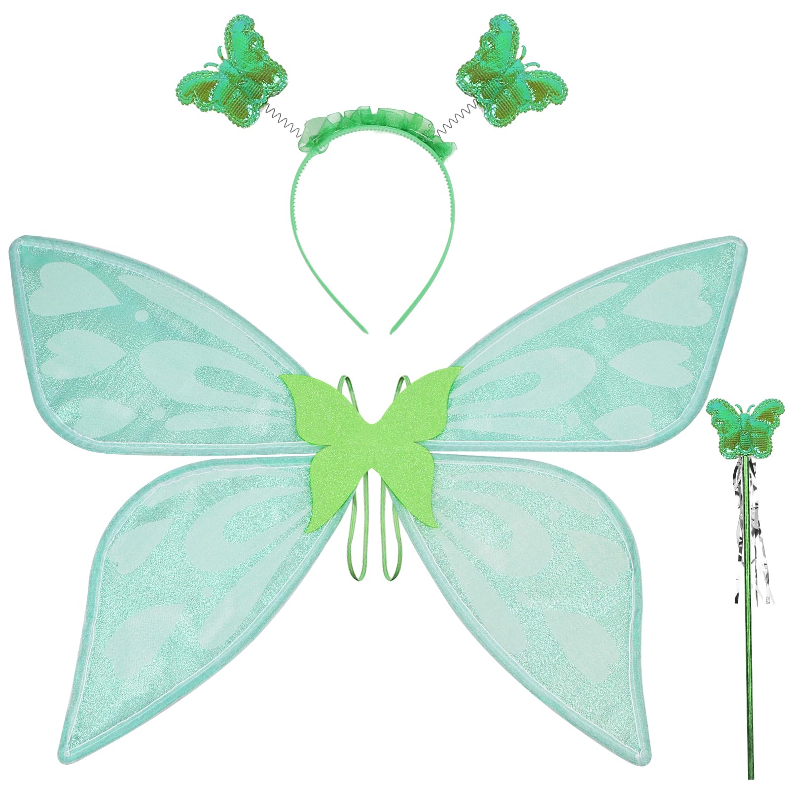 DiULi Feenflügel Erwachsene Kinder, 5er/3er Elfenflügel Set mit Elfenöhren Stirnband Feenstäbe, Feenflügel Glitzer Prinzessinnenflügel für Halloween Karneval Fee Party