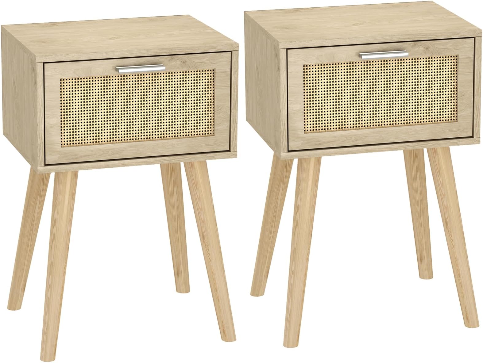 LAATOOREE Nightstand Set of 2, Small Bedside Table, Boho Side End Table, Rattan Door, Solid Wood Feet for Bedroom and Living Room