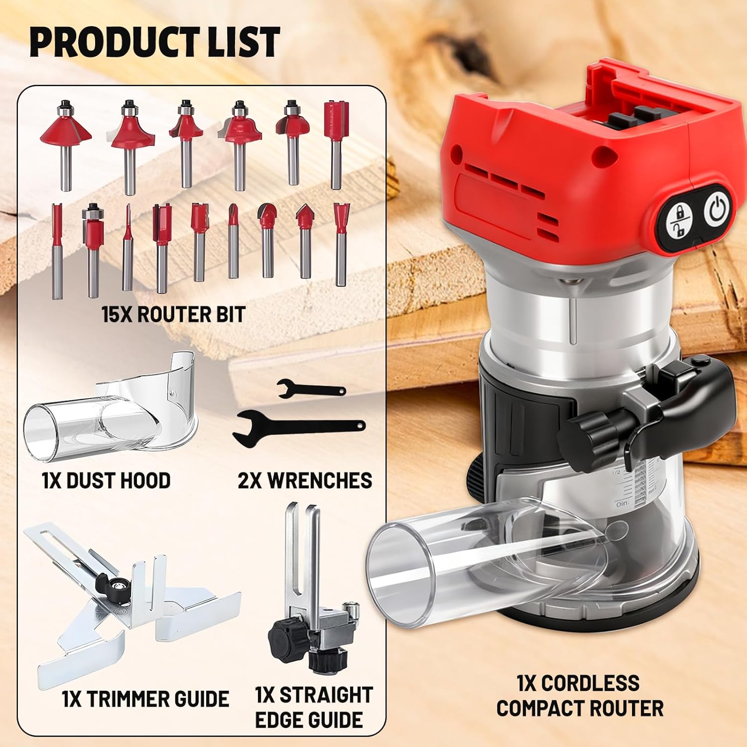 Brushless Cordless Compact Router Compatible with Milw-aukee 18V Battery (Bare Tool), 6 Variable Speeds,800W 10000-30000 RPM,Aluminum Fixed Base Wood Router with Trim Router Bits (for Milw-aukee 18V)