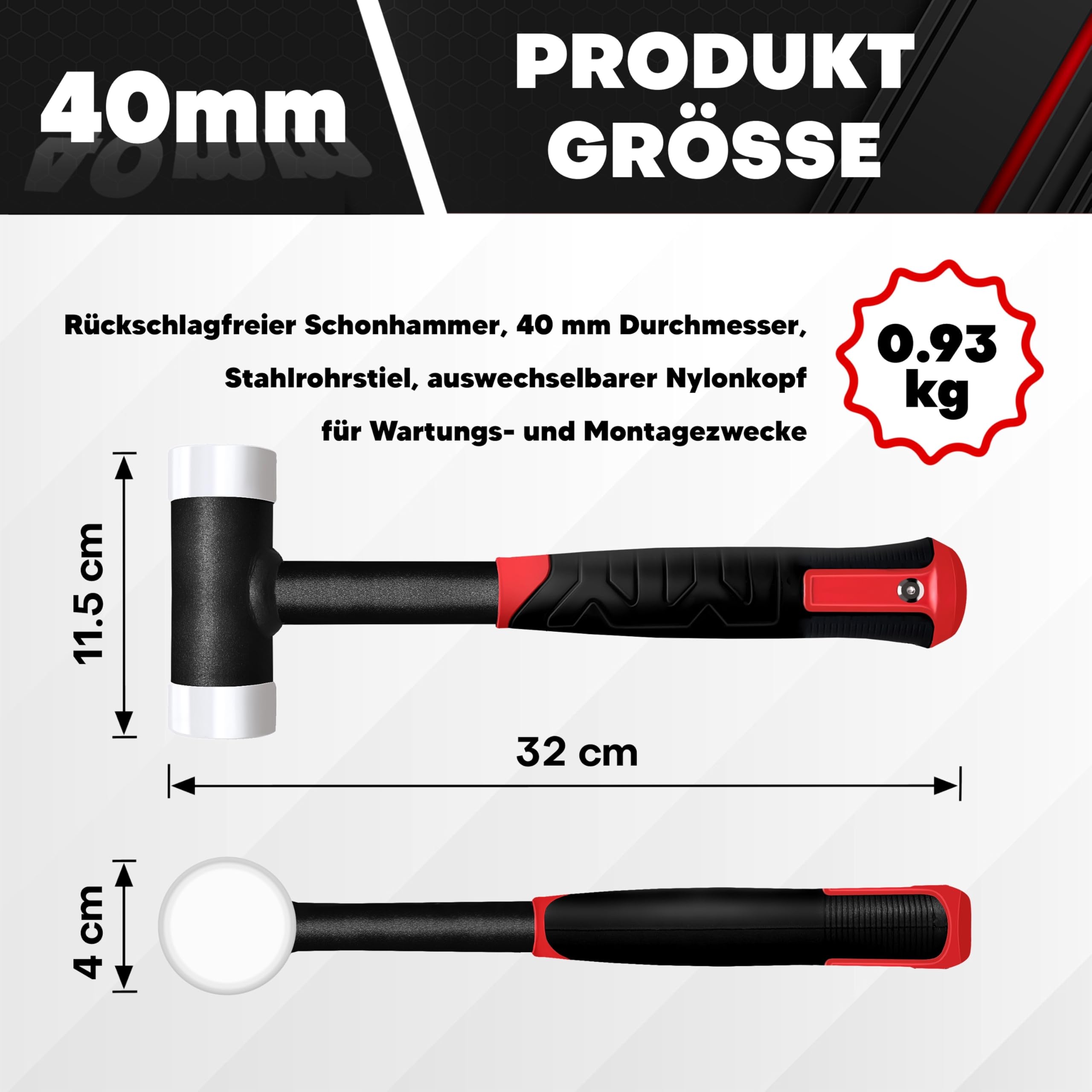 C&T Bacchetta morbida senza contraccolpo, diametro 40 mm, manico in acciaio, testa in nylon intercambiabile per scopi di manutenzione e montaggio
