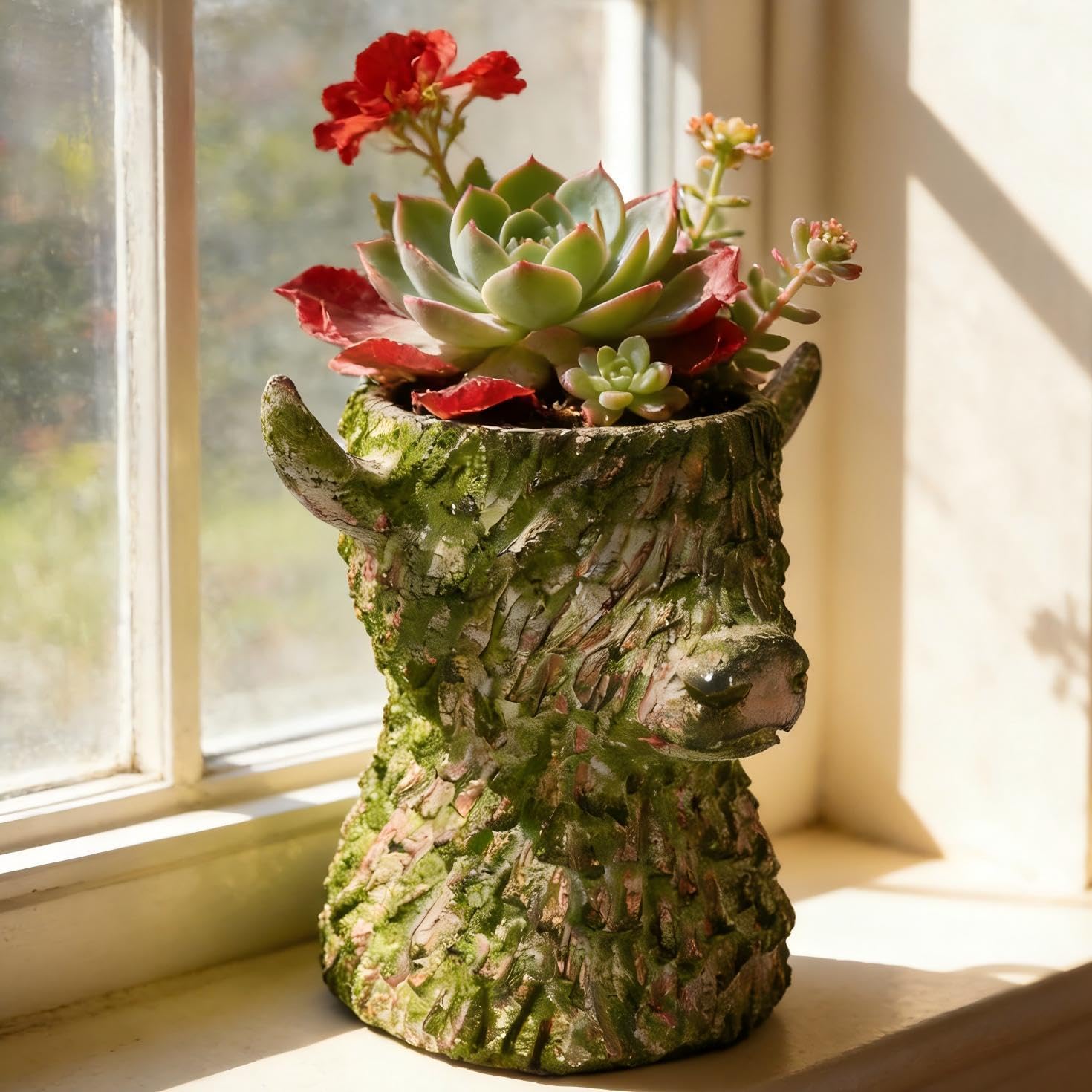 Highland Cow Planter Pot,Vintage Succulent Flower Pots for Indoor Plants,Home Desk Decor,Best Gift for Plant Lovers,Garden Backyard Cow Stuff Statue(Green)