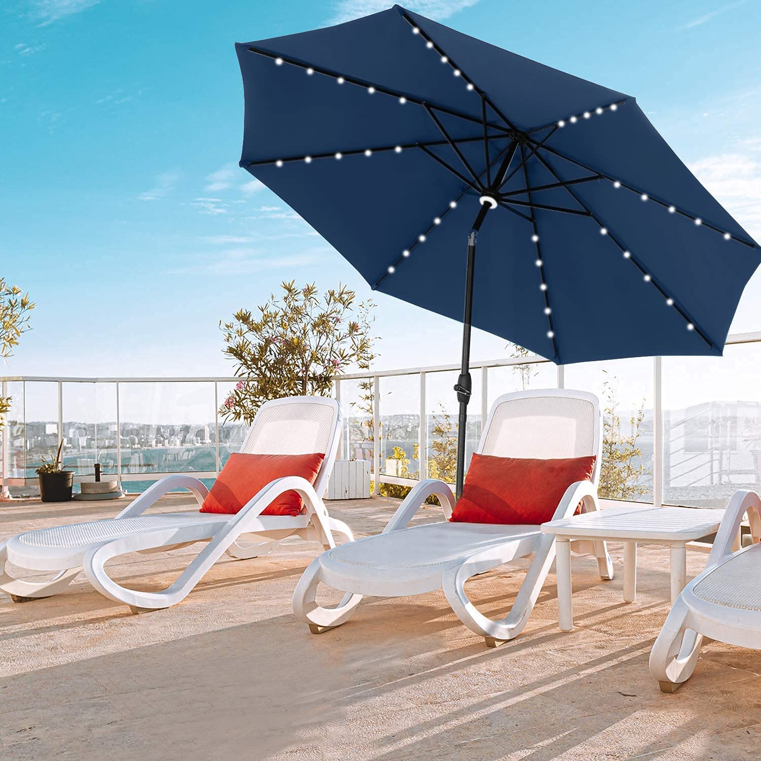 Amazon.com : GDY 10Ft Patio Umbrella, Solar Powered 40 LED Lighted Outdoor  Table Market Umbrella with Tilt and Crank, Center Light (Navy Blue) :  Patio, Lawn u0026 Garden