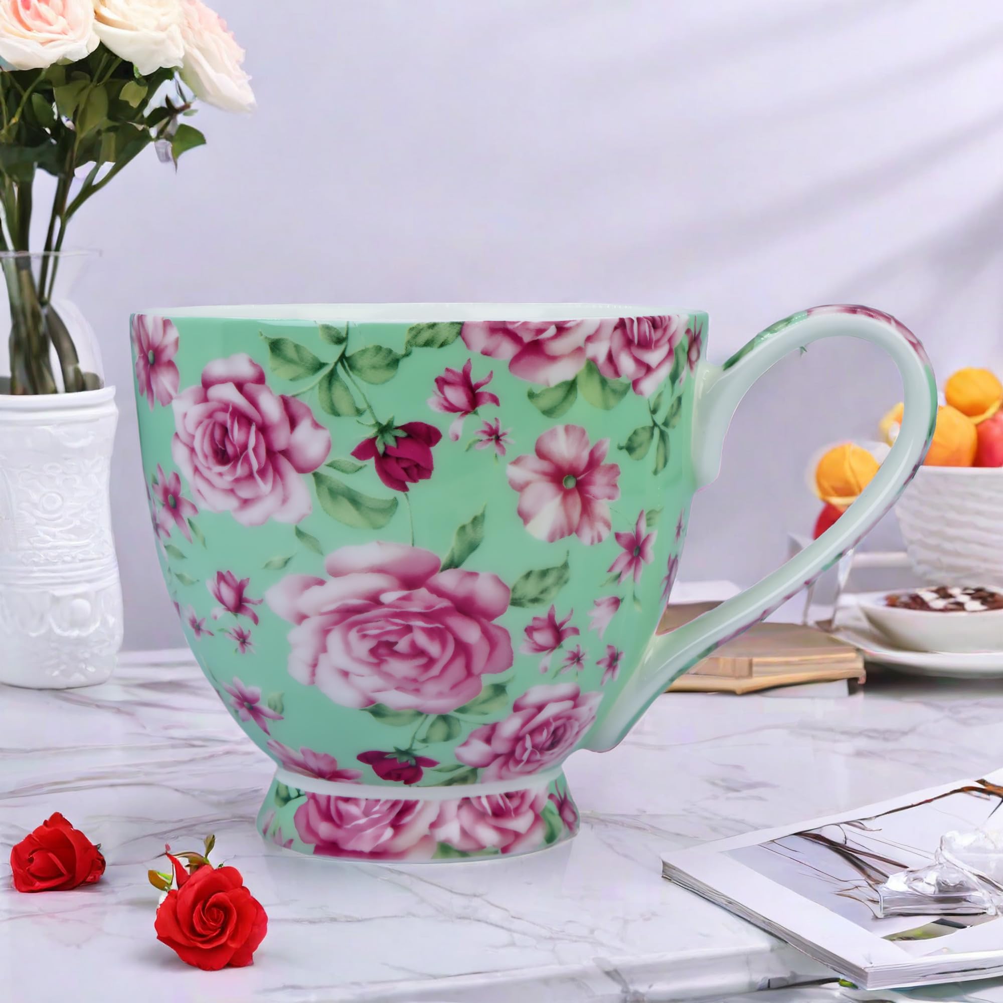 Tazas de café de porcelana de hueso de 16 onzas para mujer, tazas de café y té, tazas de café novedosas, regalo para mujeres, mamá, amigas (rosa verde)