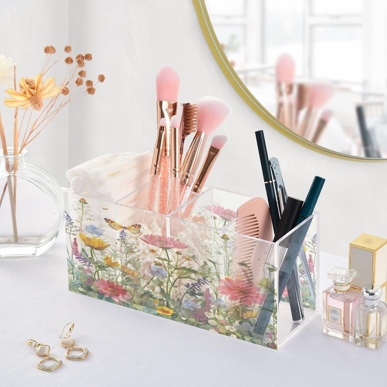Wildflowers Butterfly Acrylic Pencil Holder 4 Compartments Clear Pen Holder Cup Makeup Brush Storage Organizer for Office Desk