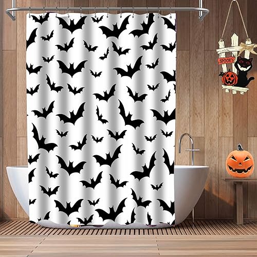 Miniatura 7 de Cortina de ducha espeluznante de Halloween, decoración gótica de terror de Halloween, cortinas de ducha de murciélagos blancos y negros, tela de