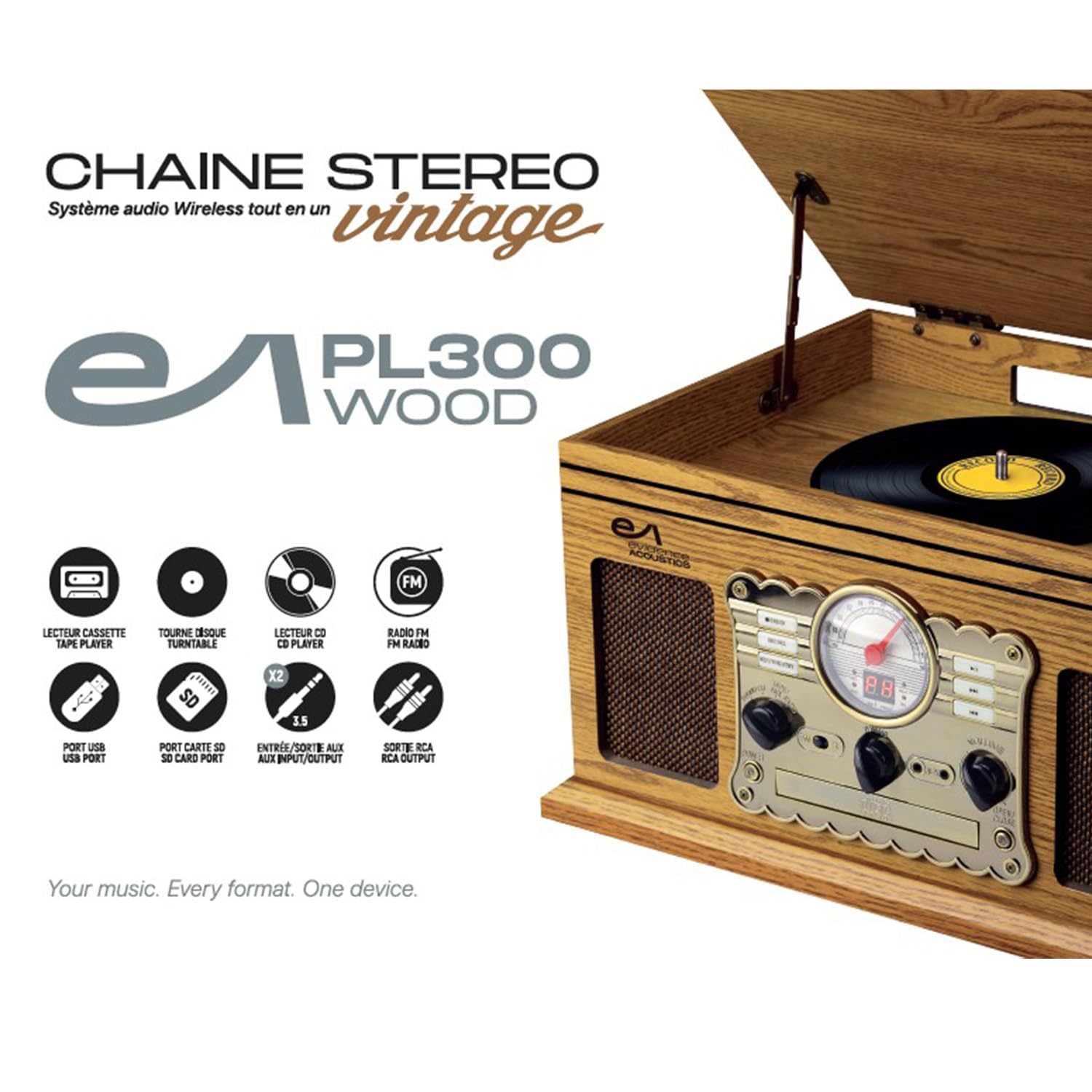 Chaîne HiFi Tourne-Disque Evidence Acoustics EA-PL300-WOOD Vinyle 33/45/78, 60W, FM, CD, Cassette, BT USB SD REC, rétro Vintage