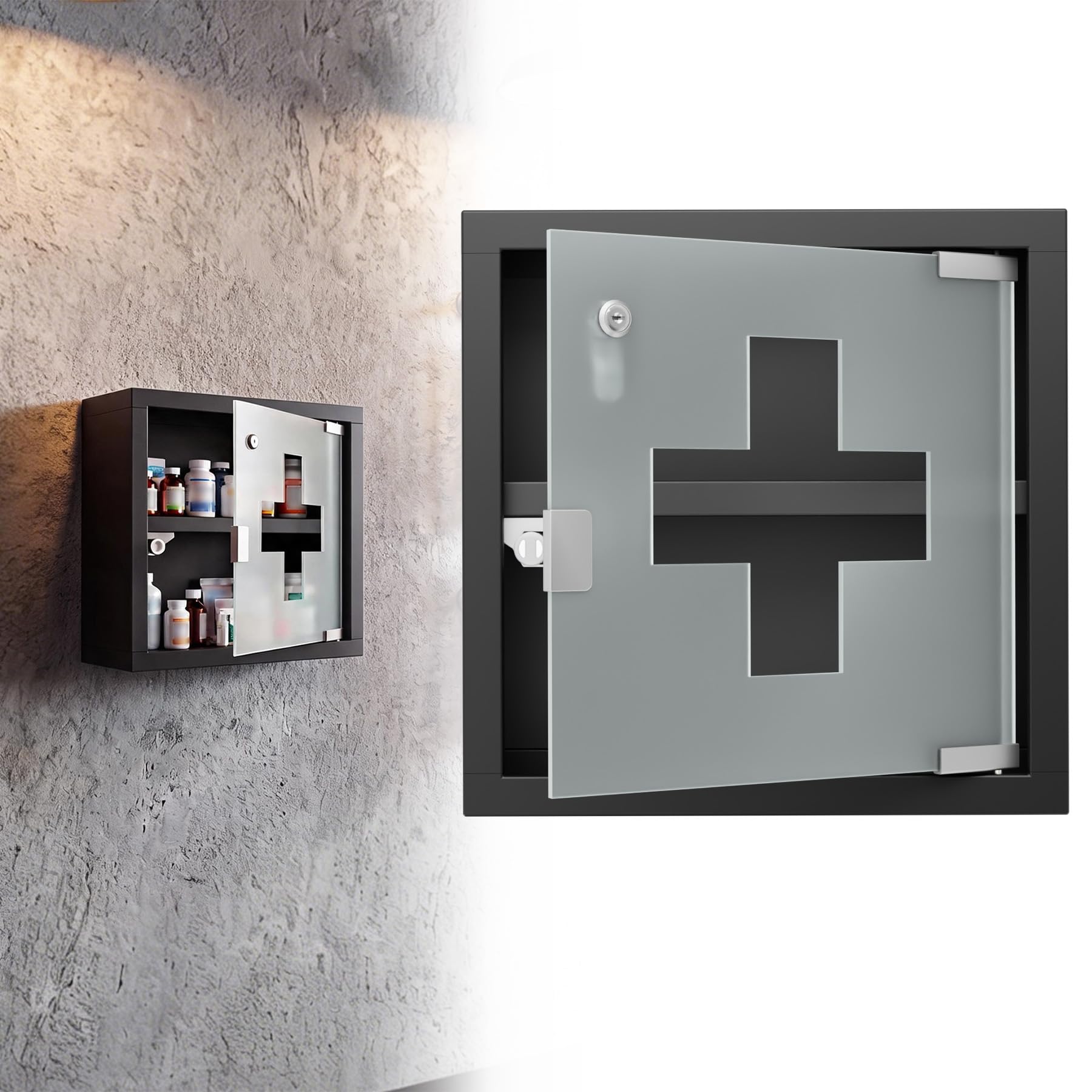 LARS360 Botiquín de acero inoxidable con cerradura para pared, 2 compartimentos, color negro