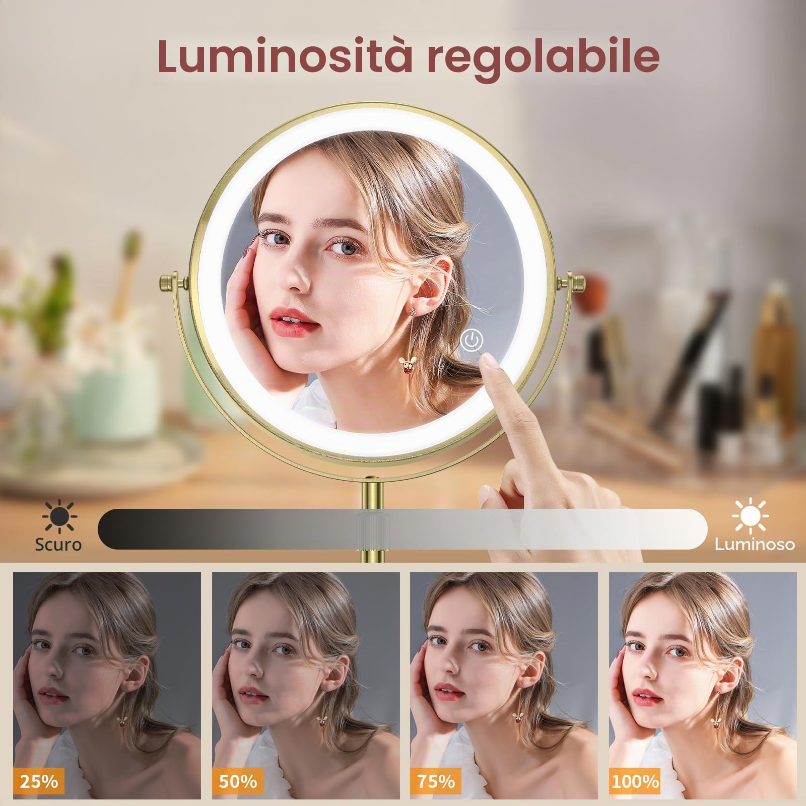 MATEPROX 8 Pollici Specchio da Trucco con Luci, Specchio Ingrandente 1X 10X, Girevole, Asta Regolabile con 3 Colori di Illuminazione, Sensore Touch, Supporta la Ricarica USB-Oro