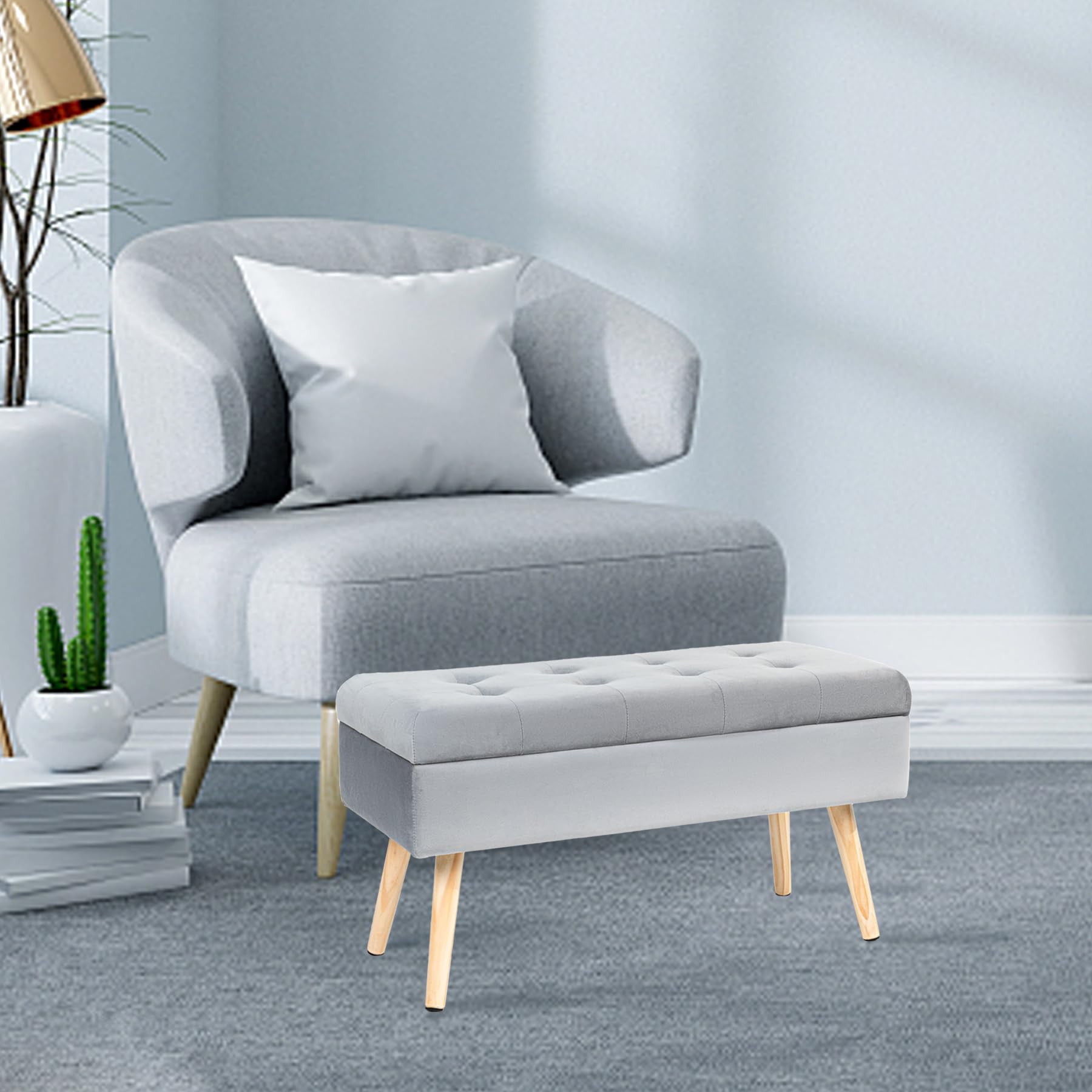 Hawthyhome Banc avec Espace de Rangement 80 × 35 × 43 cm, Coffre de Rangement en Velours avec Pieds en Bois, pour Couloir, Salon, Chambre à Coucher, Gris