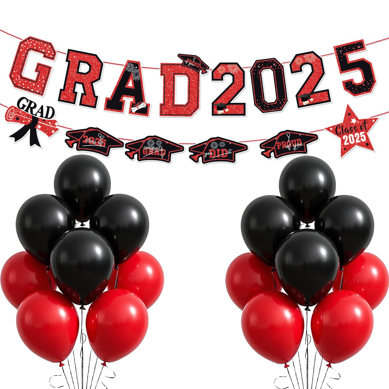 Graduation Party Decorations,Glittery Grad 2025 Banner With Graduation Cap Star Cutout Black and Red Balloon Set for Class of 2025 Grad Party High School College Finish School Celebrations