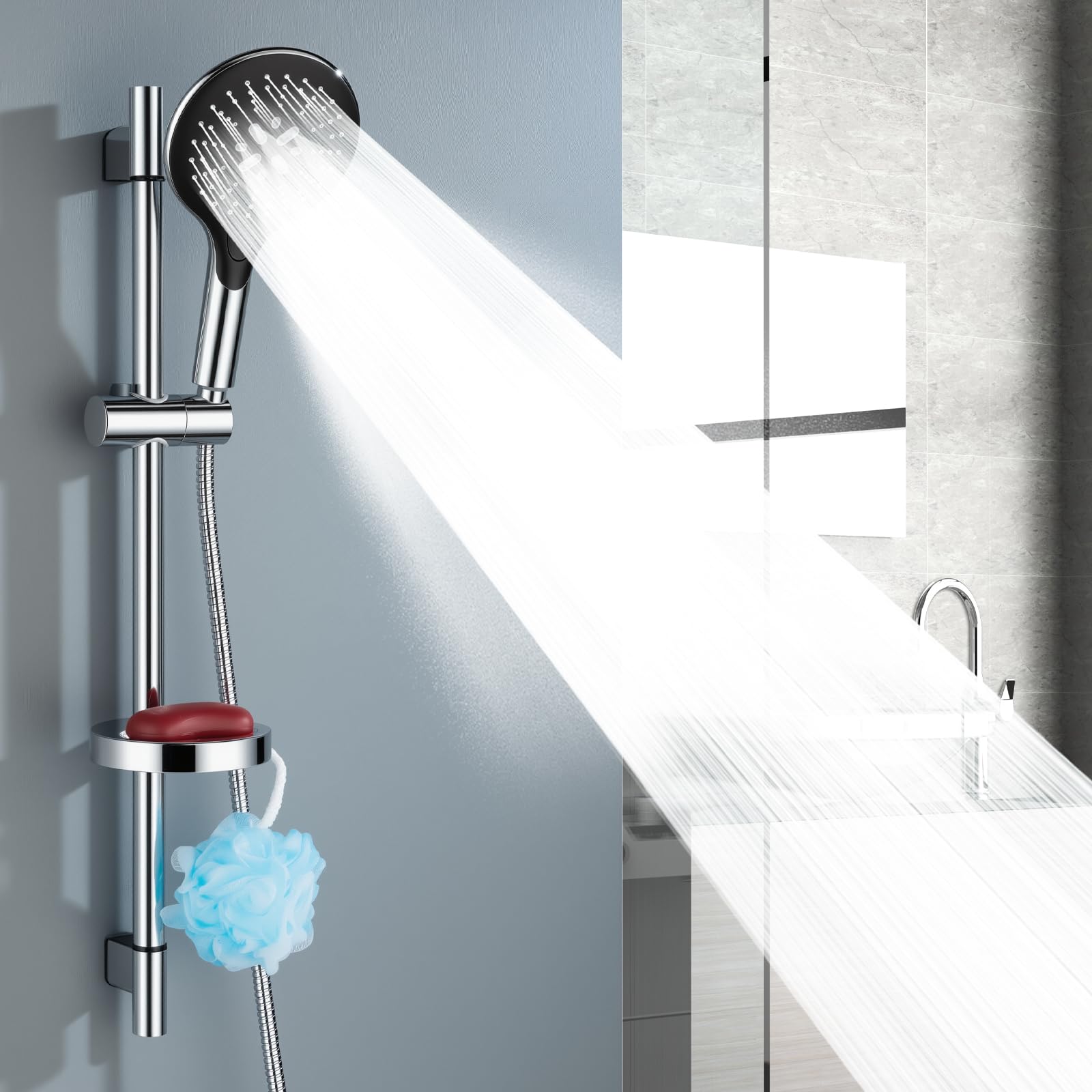 Ronvie Shower Riser Rail Kit with 3 Spray Modes Handheld Showerhead, 1.5m Stainless Steel Hose, Adjustable 73cm Riser Rail and Soap Dish, Corrosion-Resistant, Round Design Bathroom Essentials, Chrome
