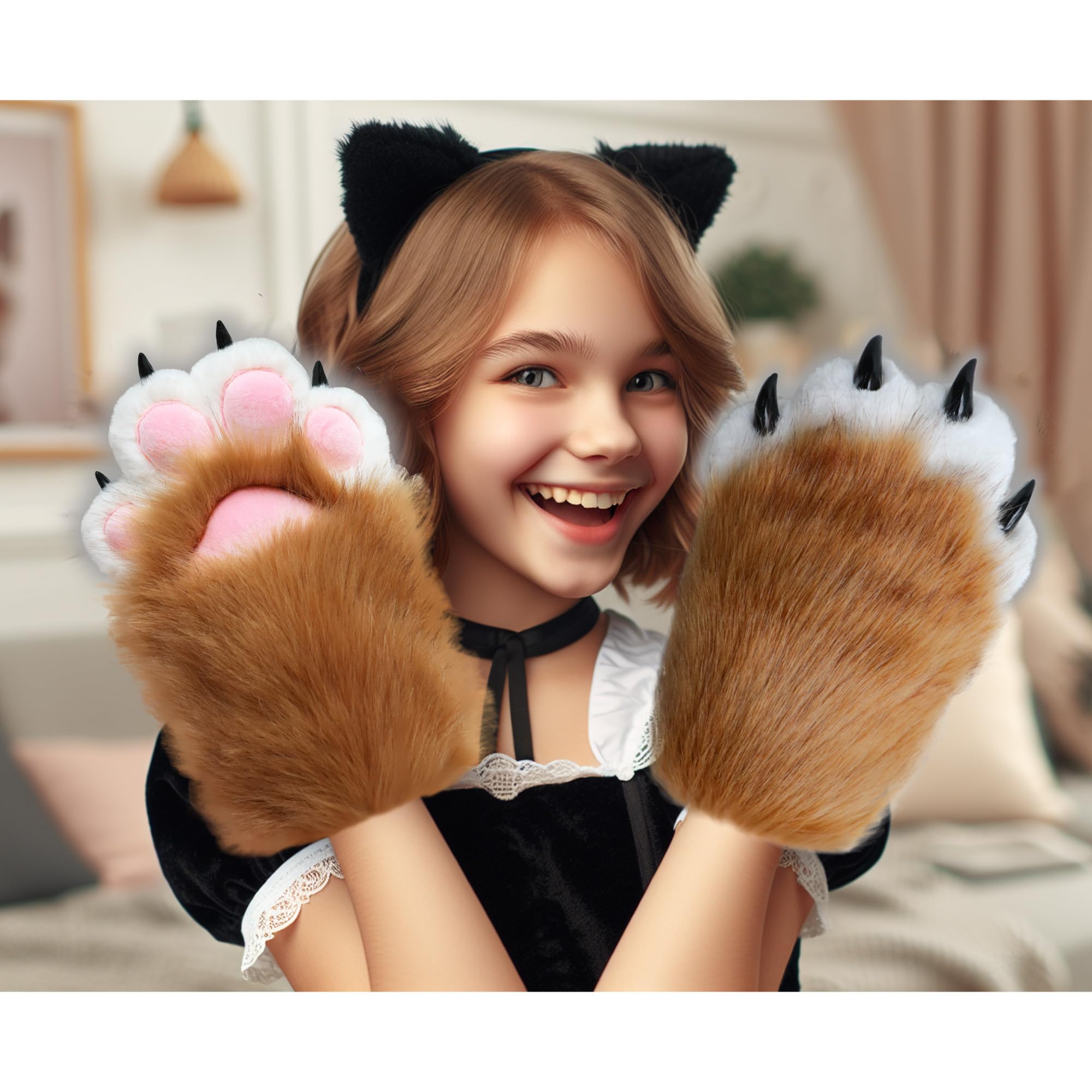 Brown Therian Faux Fur Paws with Claws - Comfy Furry Cosplay Gloves, Fluffy Fox and Wolf Gear for Fursuit - Image 4