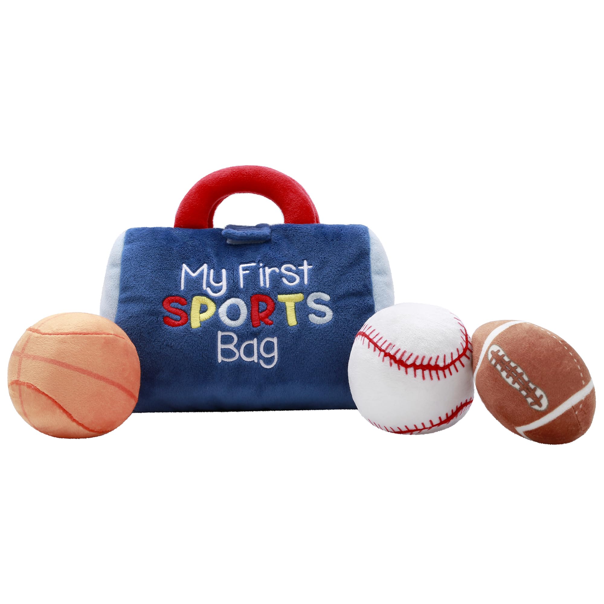 4 Piece Plush My First Sport Bag Play Set with Sensory Toy Balls for Baby, Blue All Sports, 6 inch, Basketball, Baseball, Football