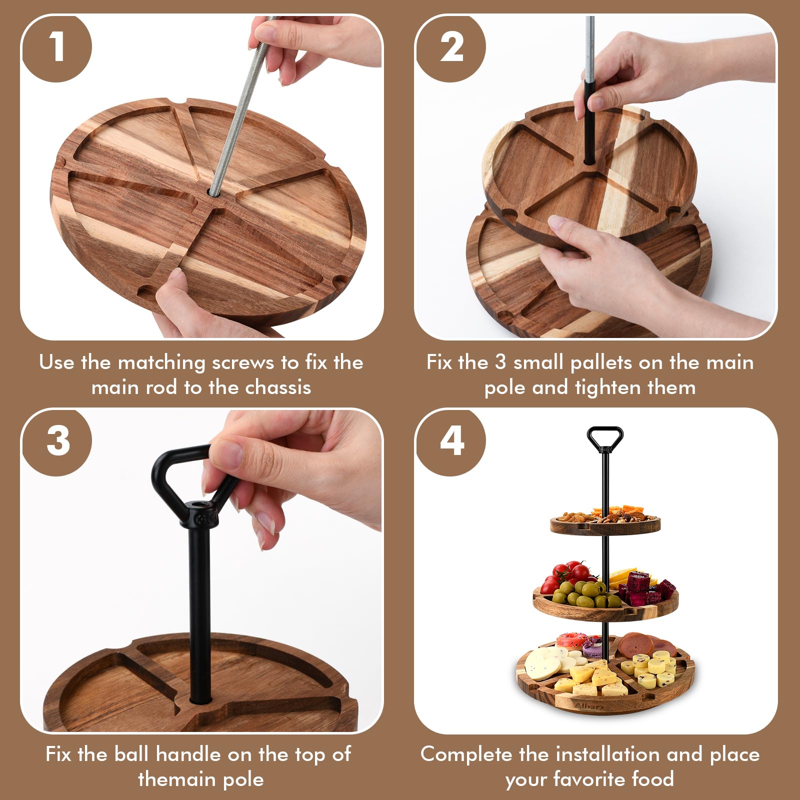 Albarz Elegante tabla de queso de acacia de tres niveles con bandejas fáciles de girar. Tabla de embutidos perfecta para reuniones, regalos de inauguración de la casa, celebraciones y uso diario.