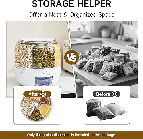 Miniatura 9 de Dispensador de arroz Contenedor de almacenamiento de granos giratorio de 360 6 rejillas, contenedor de alimentos de gran capacidad de 20 libras, a