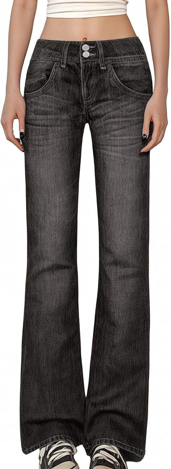 EMMIOL Women's Mid Low Rise Flare Jeans Stretchy, Y2k Boyfriend Bootcut Baggy Denim Pants