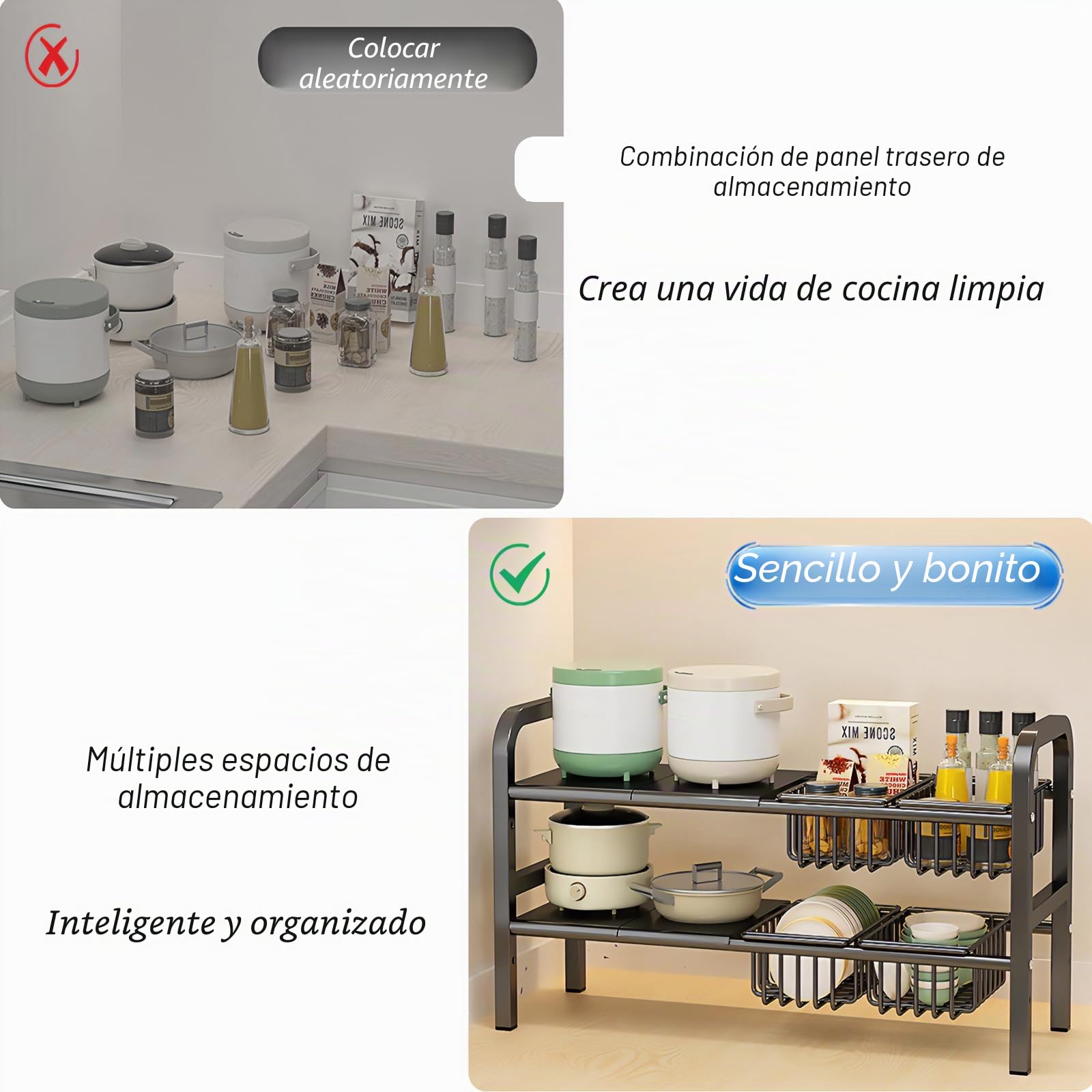 ViWaVee Organizador Cocina Bajo Fregadero Extensible 53-93cm para Armario | Altura Ajustable 5cm + 4 Cestas y Placas | Multiusos Baño Balcón | Almacenaje Productos Limpieza Ollas