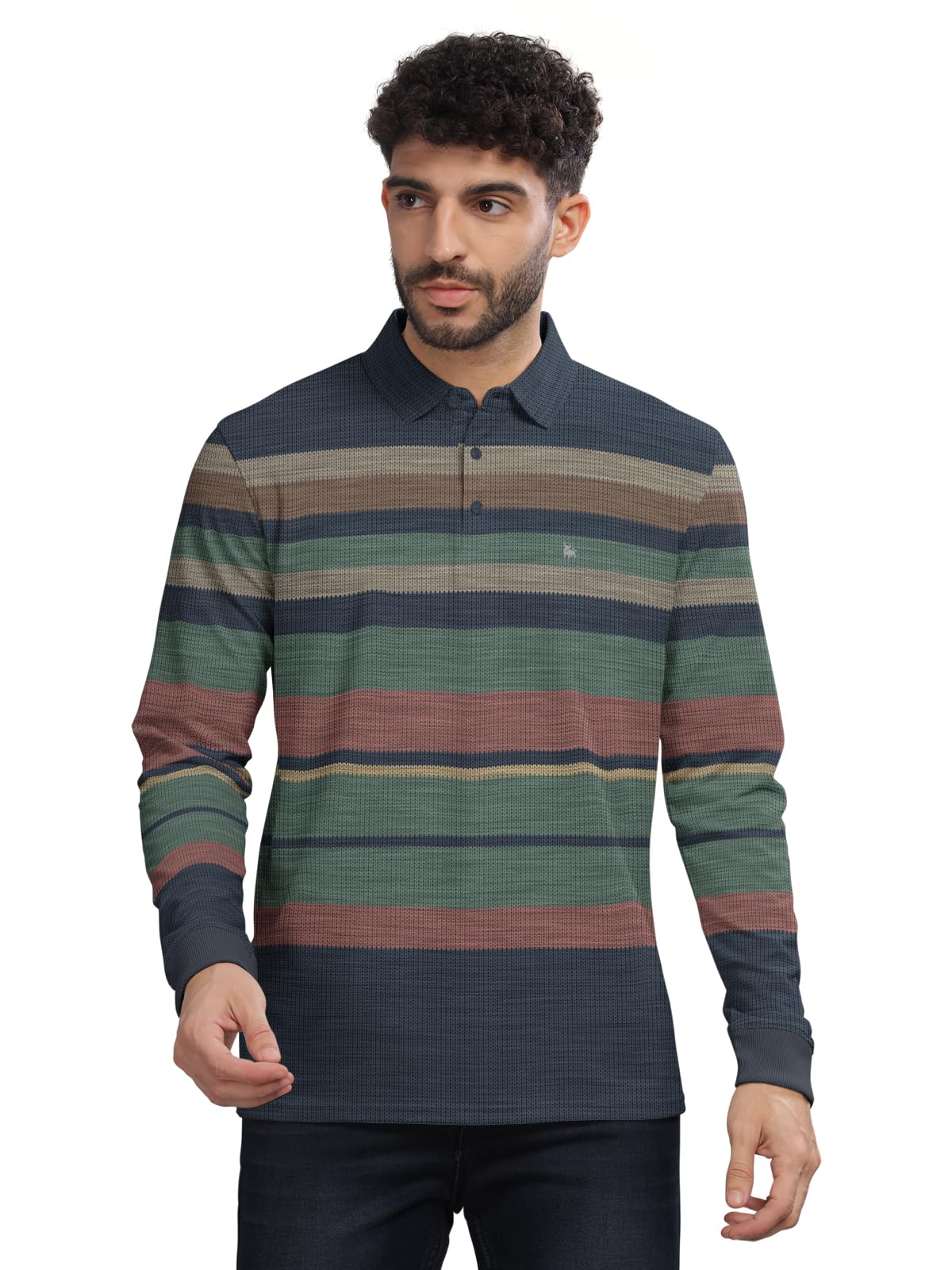 Striped Textured Printed Polo Neck Fullsleeve T-Shirt with Rib for Men