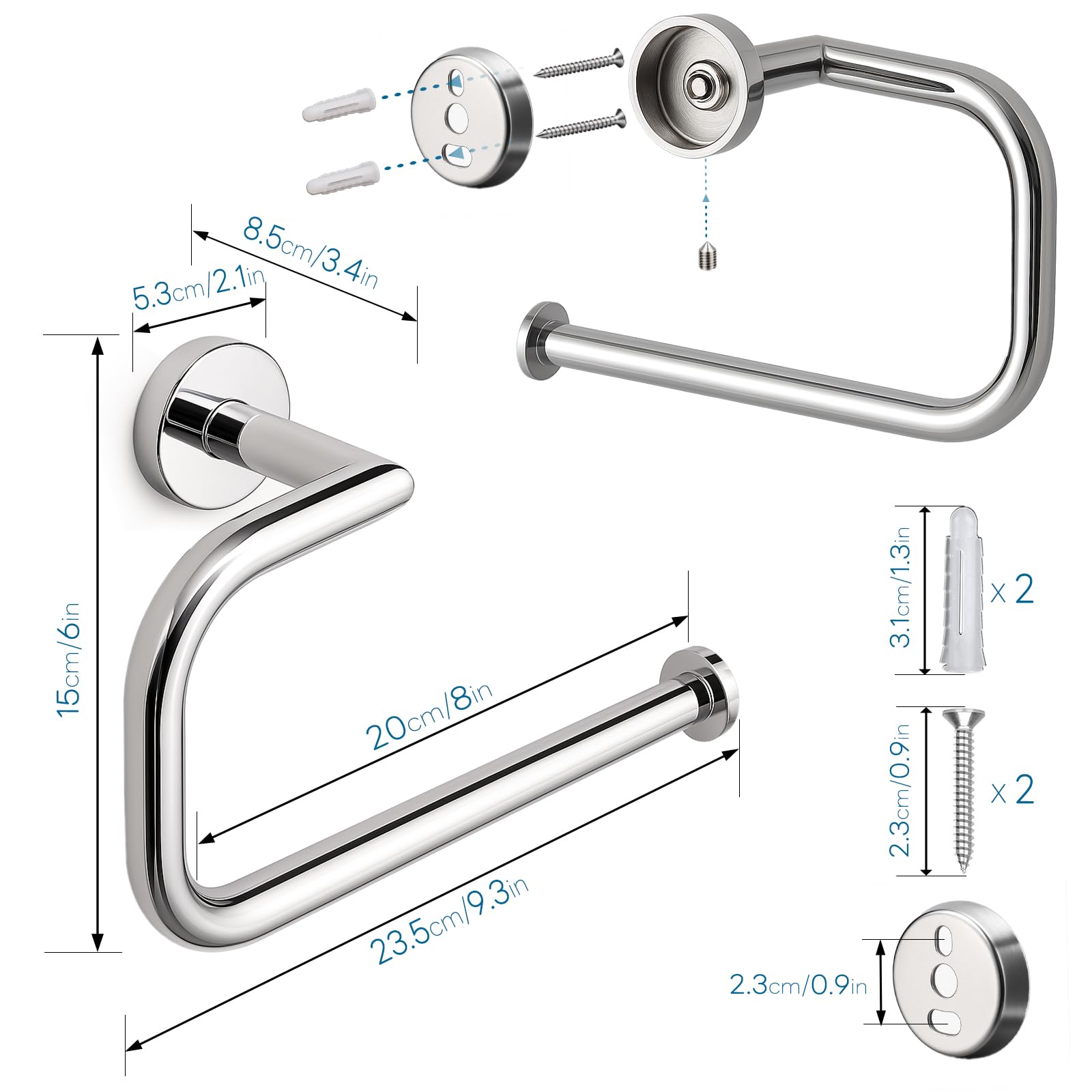 Set Premium 4 Piezas Acero Inoxidable 304 para Baño - Portarrollos, Toallero, Anillo & Gancho Doble (Montaje con Taladro, 15kg Capacidad) - Cromo Espejo para Hogar & Hotel