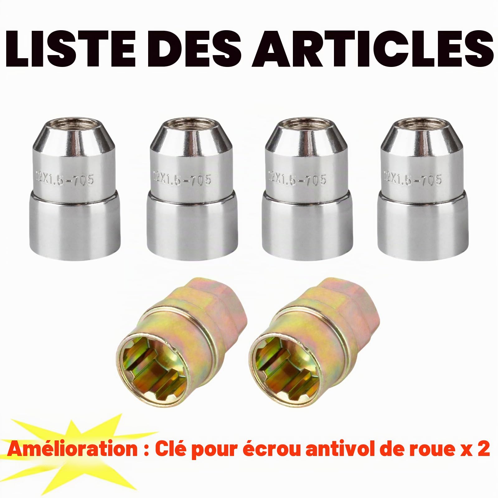 4 Pièces Écrous Antivol Roue M12 x 1.5 en Acier Allié avec 2 Clés - Boulon Antivol Roue Universel pour Voiture et Véhicule Modifié Argenté (M12 x 1.5)