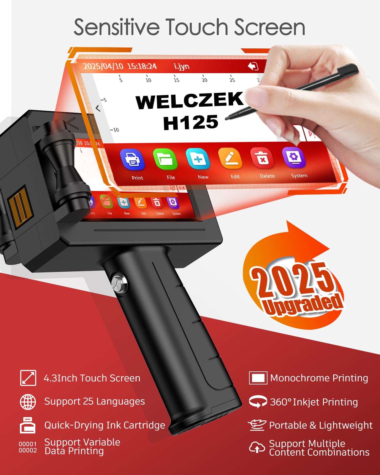 H125 Stampante a Getto d'Inchiostro Portatile e Manuale per Testo/Logo/Codice QR/Data/Lotto/Serie | Sistema di Marcatura Industriale su Cartone/Metallo/Plastica/Ceramica/Legno/Tessuto