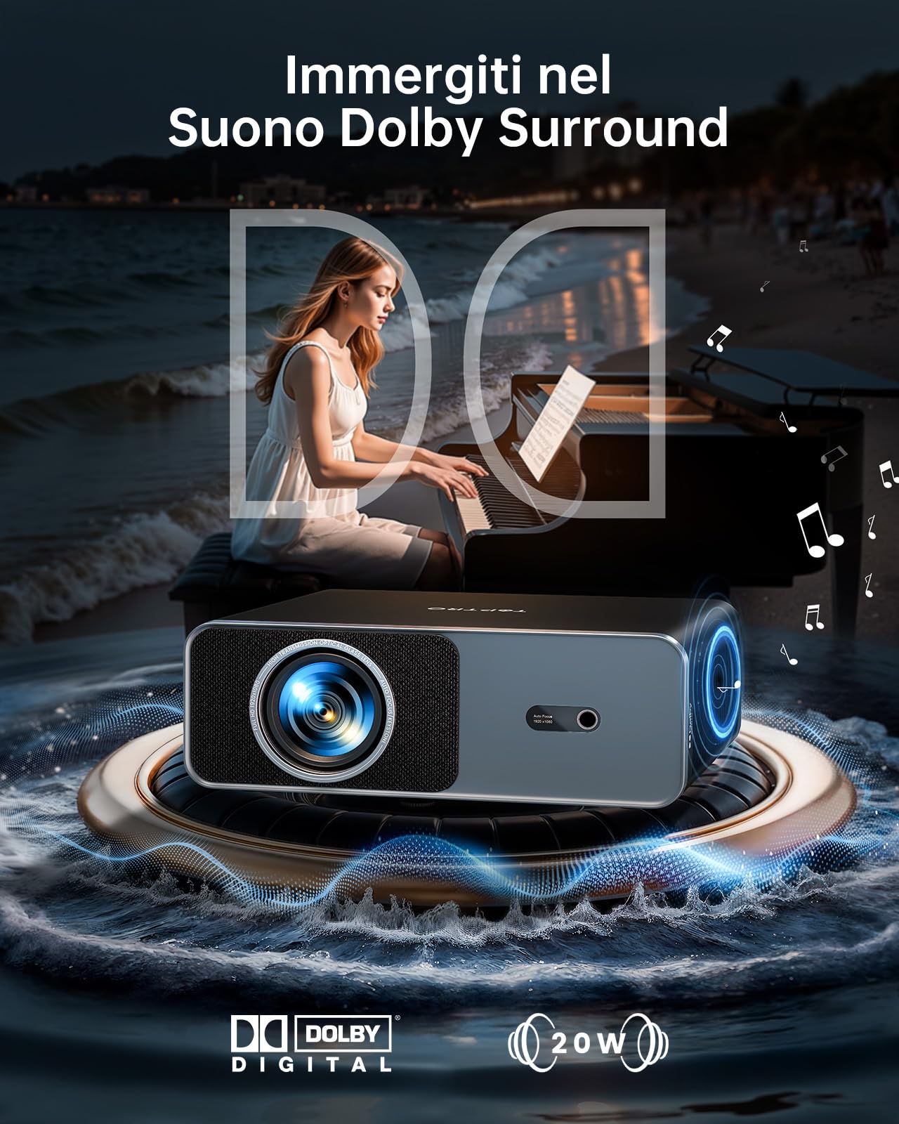 Proiettore 4K[Ufficiali Netflix e Dolby]1000 ANSI Regolazione Auto Dell'immagine AI Proiettore Portatile per Home Theater e Esterno WiFi 6 Two-way Bluetooth 5.3 Videoproiettore TOPTRO A1