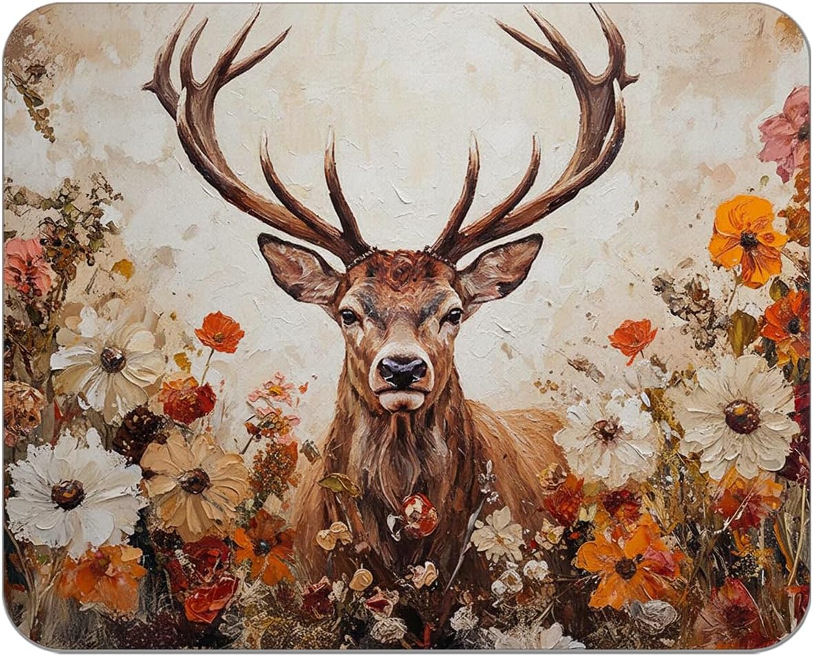 Wildflower Deer Mouse Pad for Desk, Deer Lover Gifts, Floral Botanical Buck Mousepads for Wireless Mouse Computers Laptop Home Office Supplies Accessories, 9.5x7.9 Inch