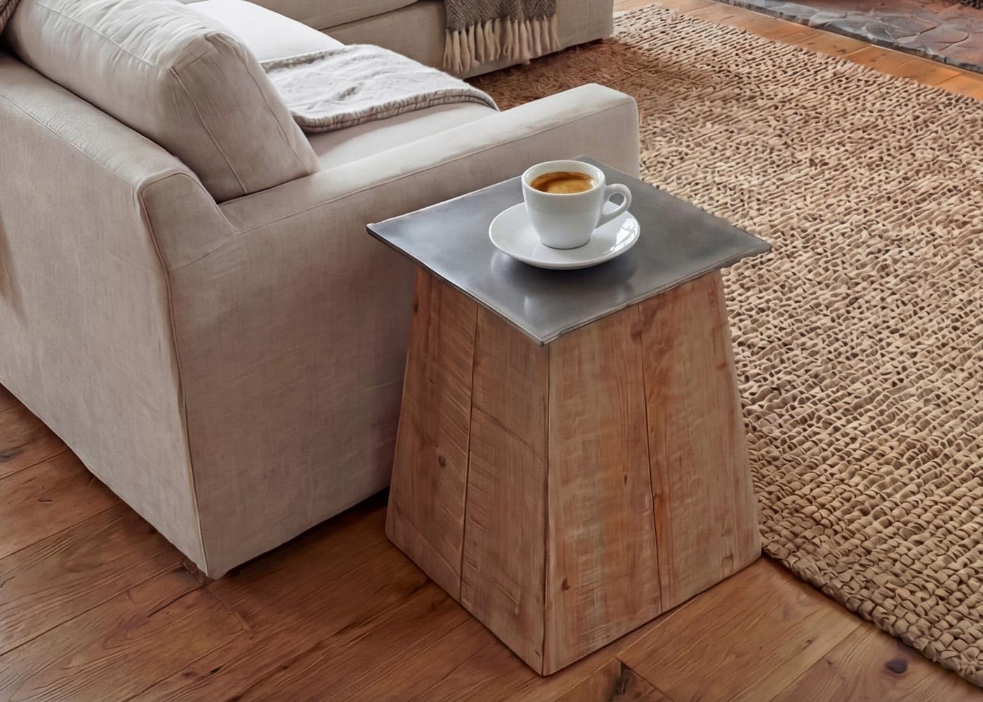 Taburete HWC-L76, Taburete Bajo de Madera, Banqueta Industrial, Certificado MVG, Color Natural con Aspecto de Metal | Taburete de madera