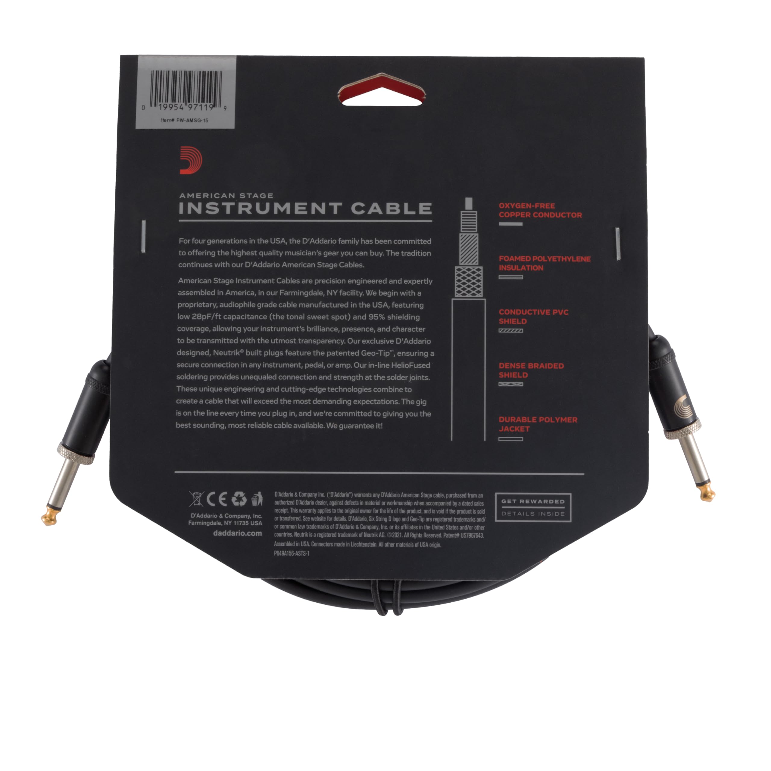 Planet Waves Cable de guitarra D'Addario American Stage, cable de instrumento con conectores de 1/4", extremo recto, 4,5 m