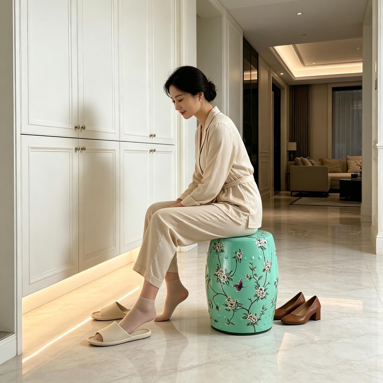 Ręcznie Malowany Ceramiczny Stołek Ogrodowy, Patio Na Świeżym Powietrzu I Dekoracje Wewnętrzne Chinoiserie Ceramiczny Stołek Do Perkusji Na Trawnik, Podwórko, Salon – Dekoracyjny Akcent(Green)