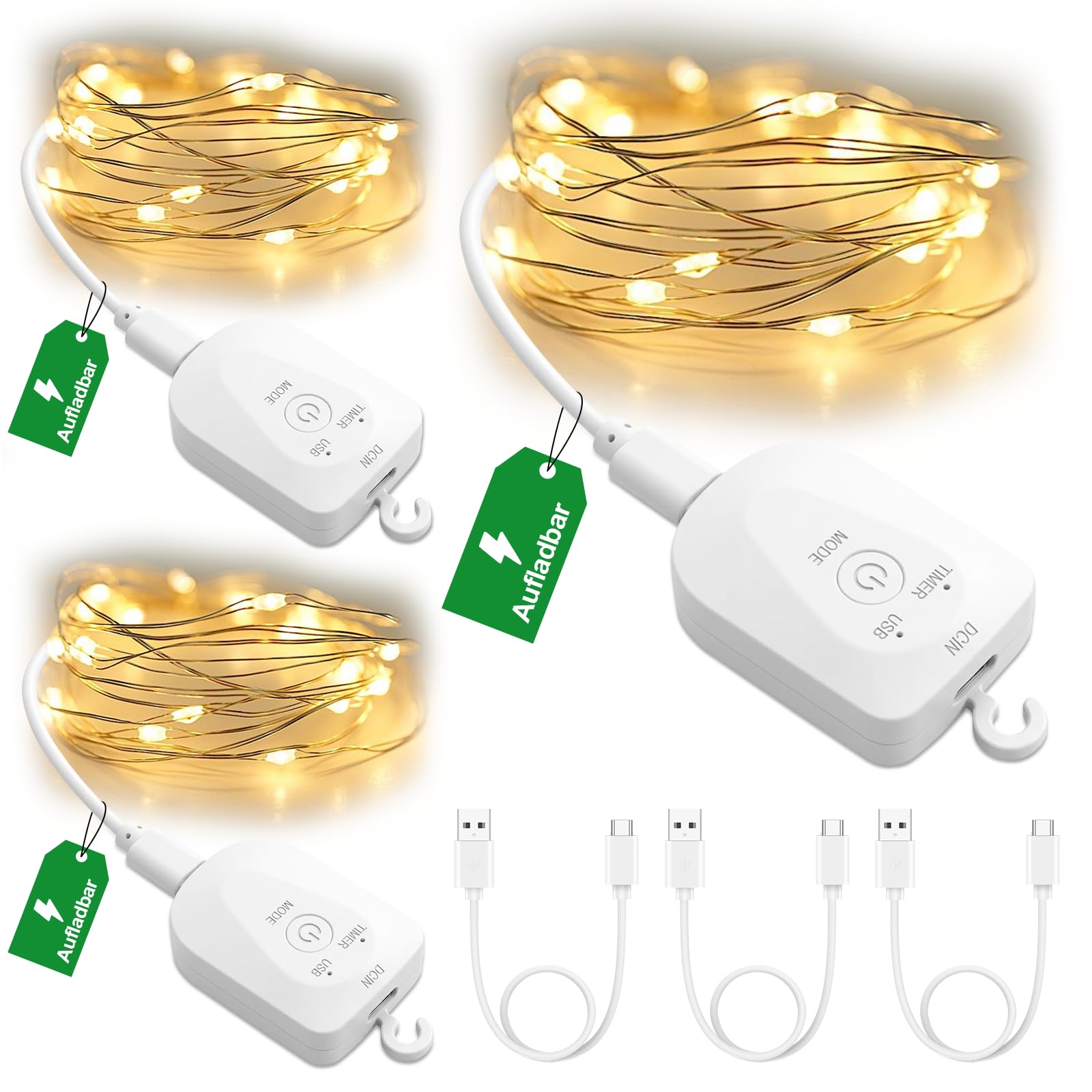 Mini Aufladbare Lichterkette mit Timer, 3M 30LED Warmweiß LED Lichterketten mit Wiederaufladbar USB-Kabel, Wasserdicht 8 Modi Lichterkette für Innen & Außen Weihnachten Hochzeit Party Garten (3 Stück)