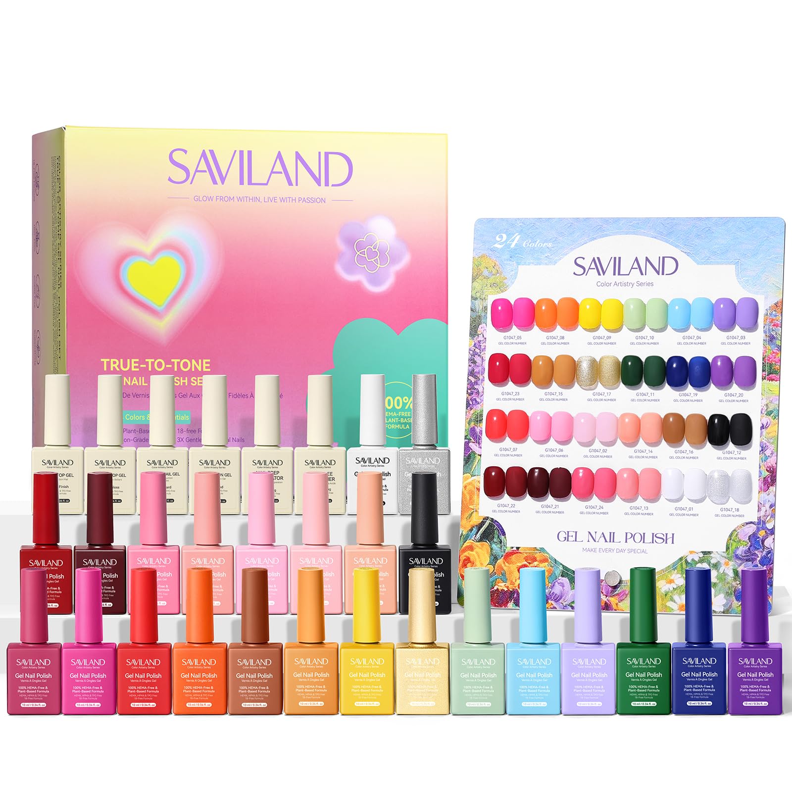 Saviland Juego de esmaltes de uñas de gel Luxury Pro, 24 + 6 botes de colores con diseño único y soporte de exposición, 24 tonos brillantes, 30 unidades de 10 ml
