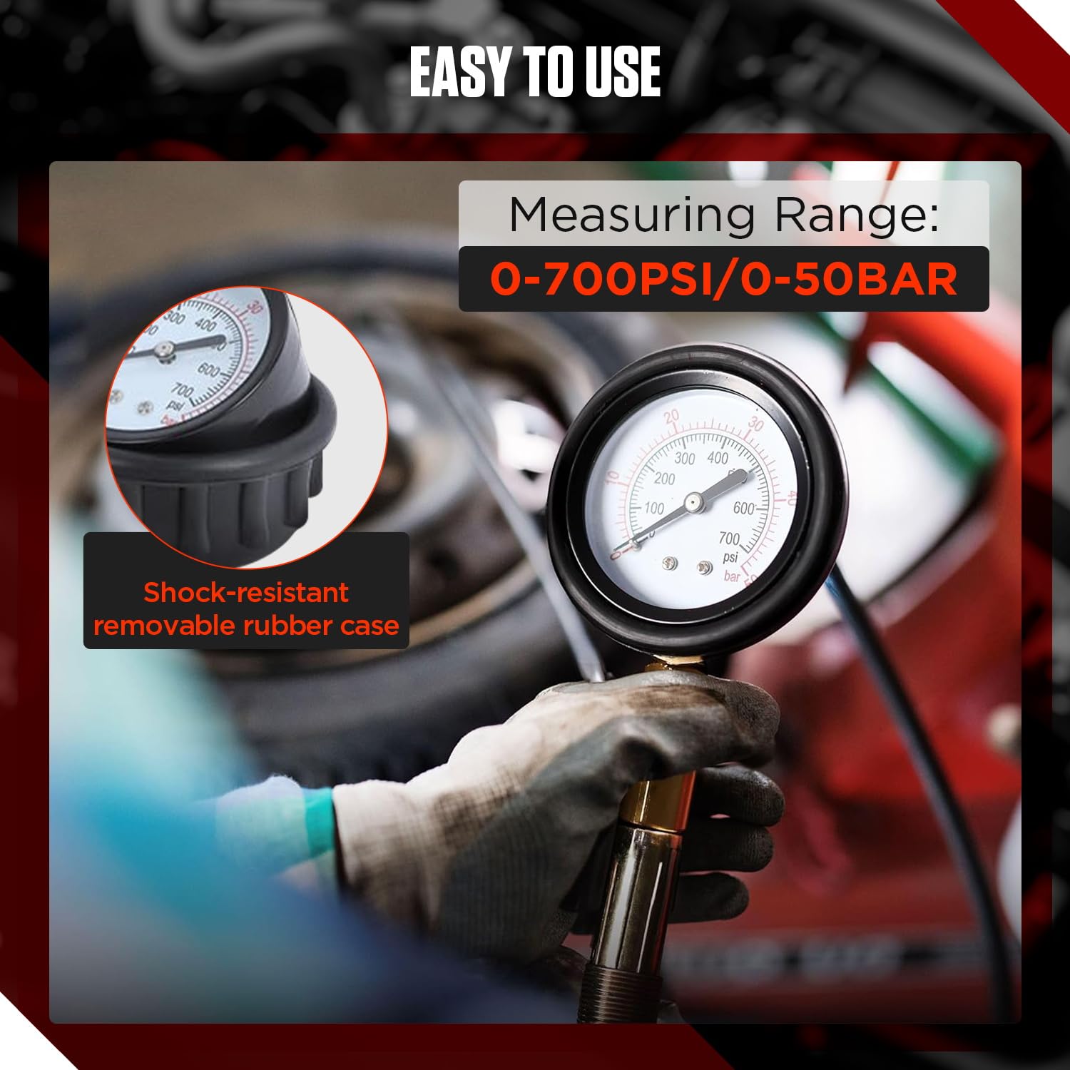 Kit per test di compressione e perdite di motori a benzina e diesel – Set completo di strumenti con manometro da 47 pezzi per la diagnosi di problemi al motore Adatto alla maggior parte di auto
