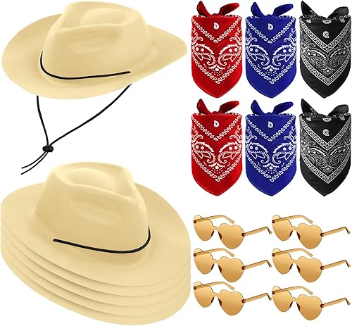 Miniatura 7 de Newcotte El juego de 18 sombreros de plástico de vaquero occidental incluye 6 sombreros, 6 bandanas de cachemira, 6 pares de gafas de corazón para