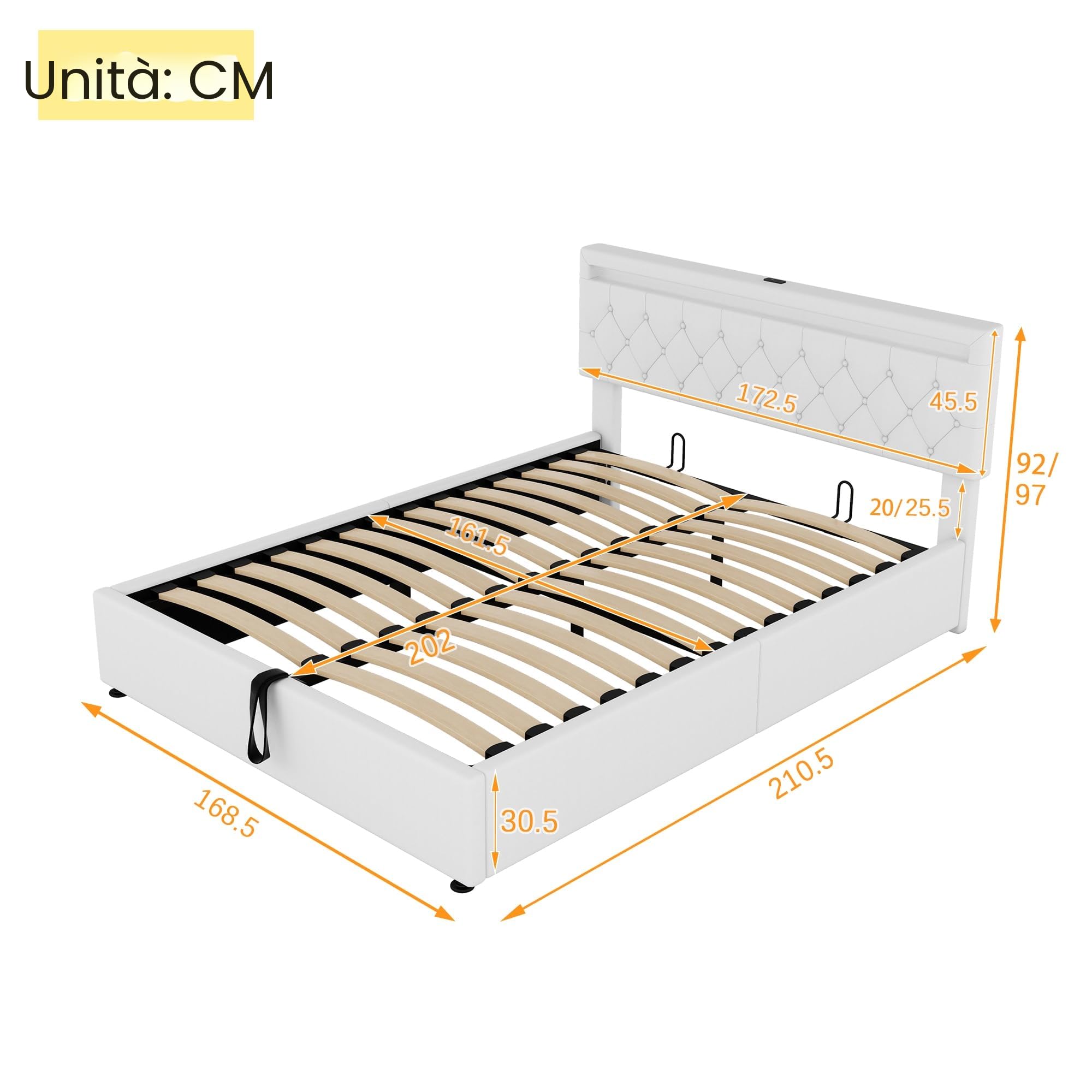 Letto contenitore matrimoniale con presa USB e presa di tipo C, lettomatrimoniale 160 x 200 cm con luce d'atmosfera sul letto, lettoidraulico,letto una piazza e mezza con base a doghe