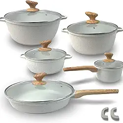 Conjunto de Panelas de Cerâmica Antiaderente Revestido de Granito, 5 Peças, Cozinha Saudável, Livre de PFOA (Branco)