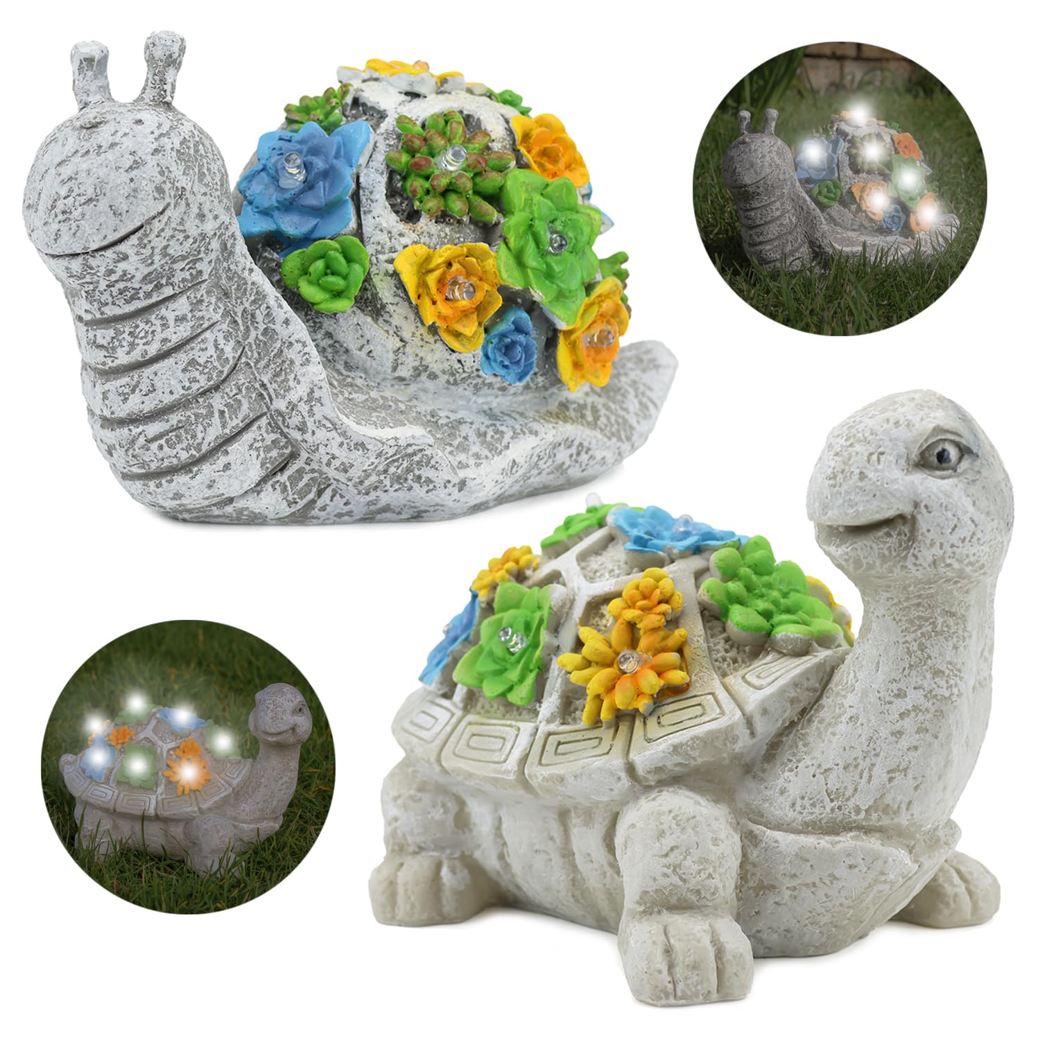 Solar Tortoise & Snail Garden Ornaments - 22cm x 15cm x 15cm Turtle Statue & 22cm x 10cm x 12cm Snail Statue with Succulent Plant & LED Lights, Outdoor Figurines for Patio Balcony Yard Lawn